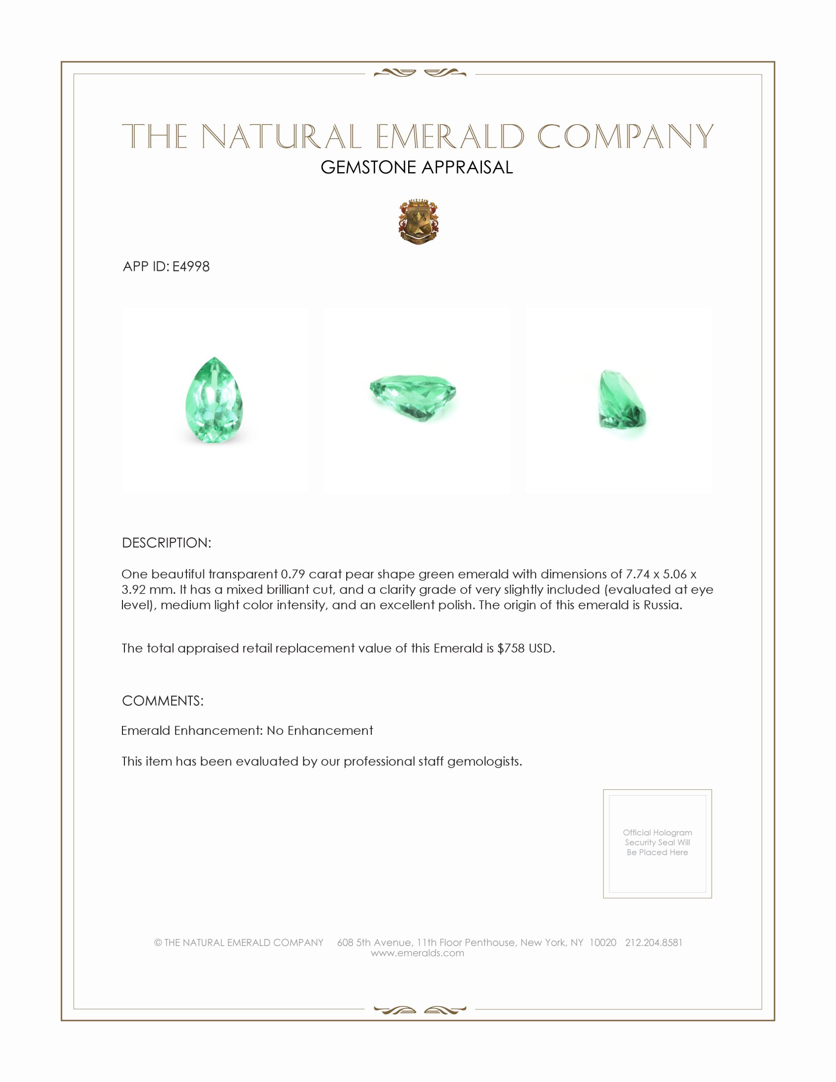 0.79 Ct. Emerald from Russia