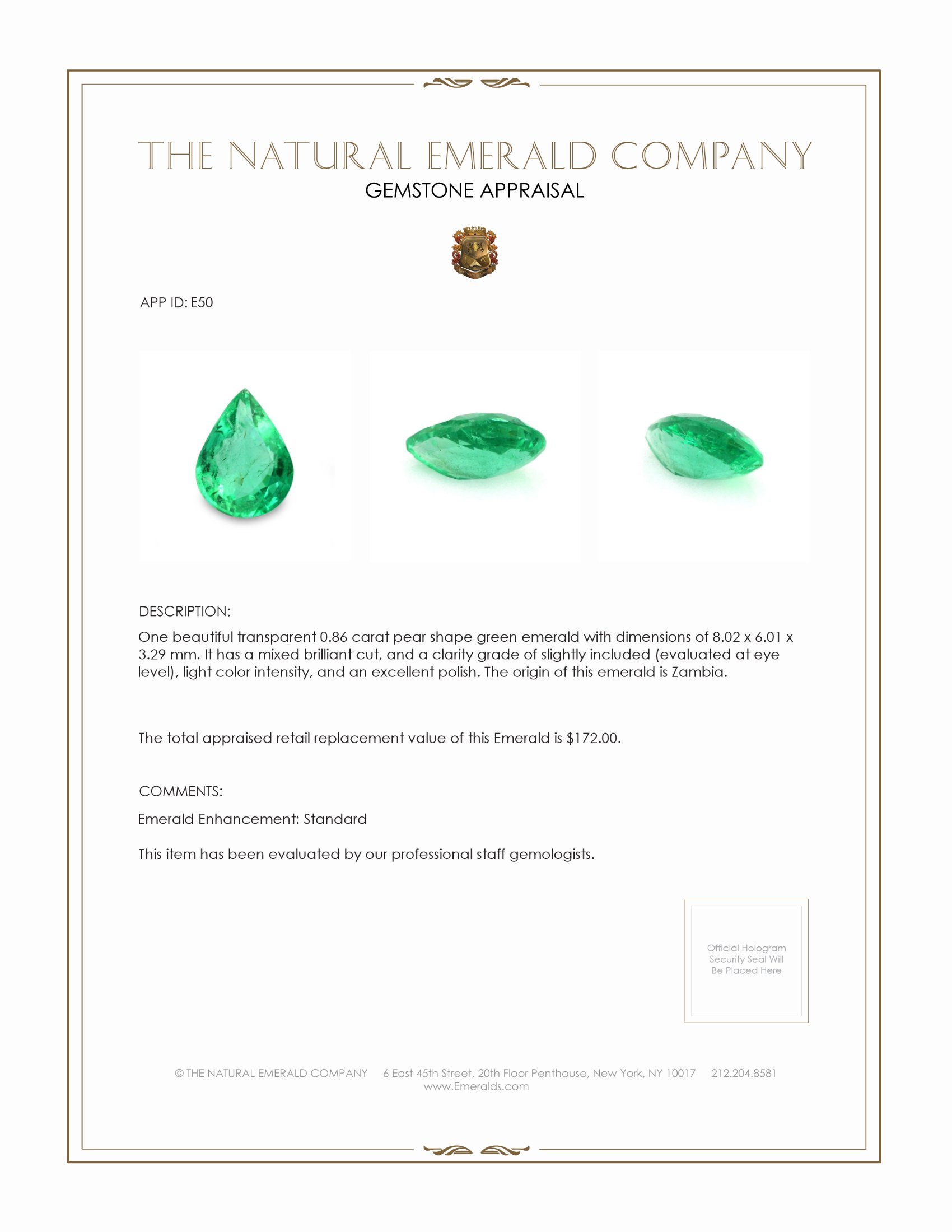 0.86 Ct. Emerald from Zambia