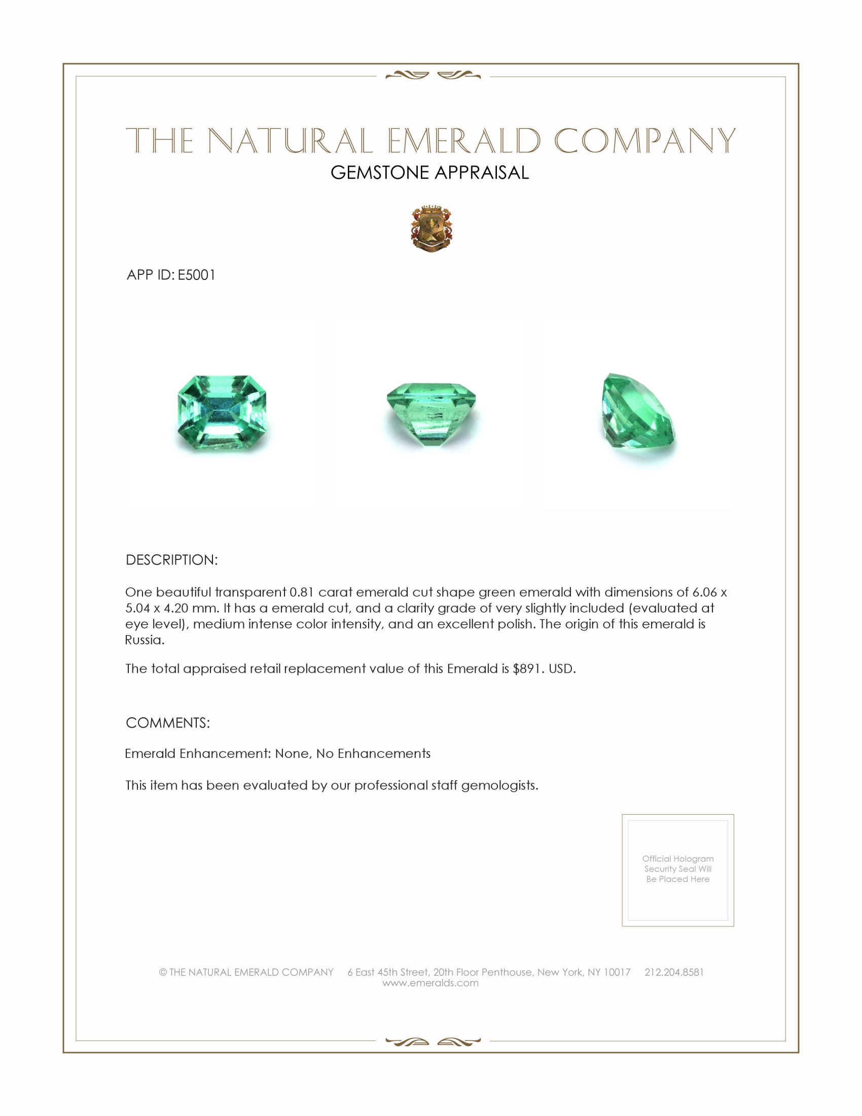 0.81 Ct. Emerald from Russia