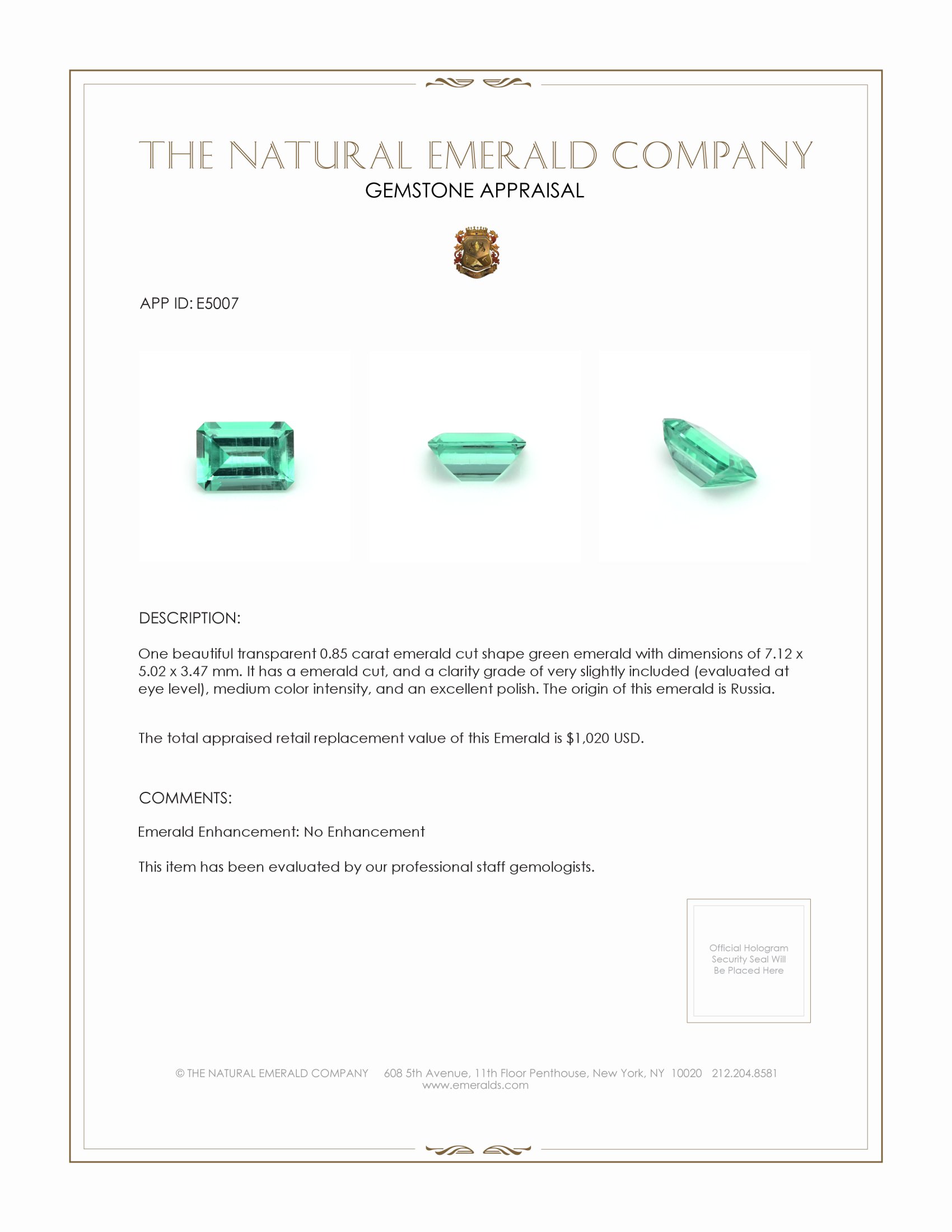0.85 Ct. Emerald from Russia