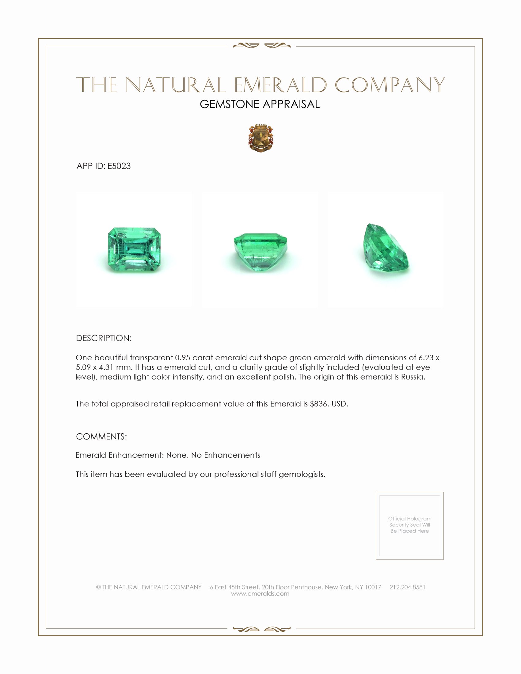 0.95 Ct. Emerald from Russia