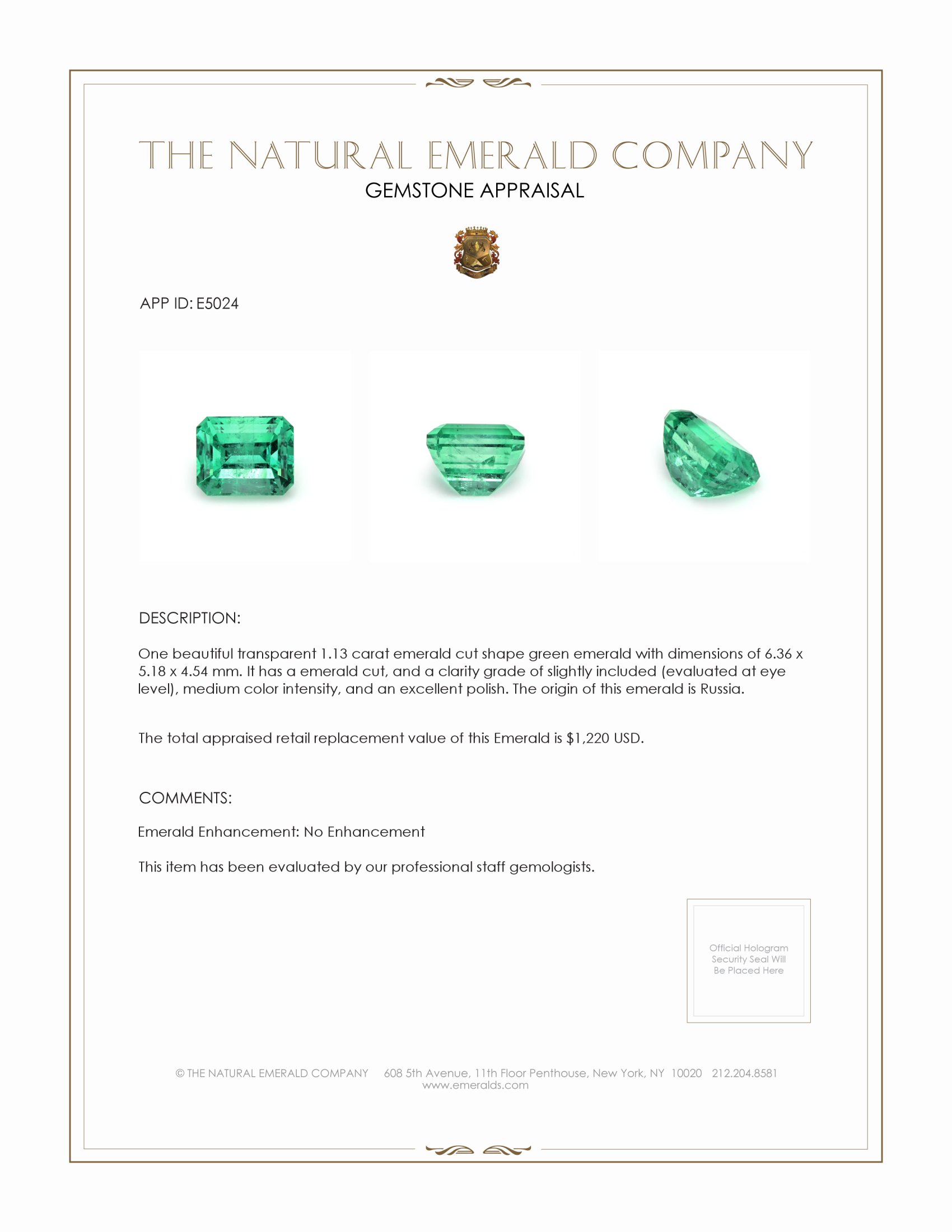 1.13 Ct. Emerald from Russia