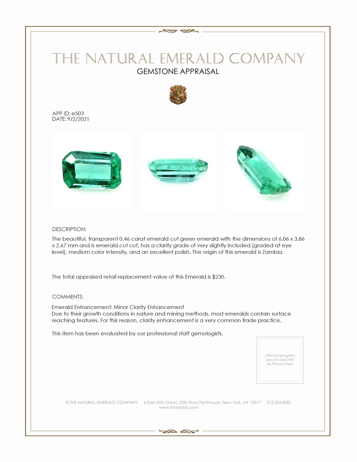 0.46 Ct. Emerald from Zambia