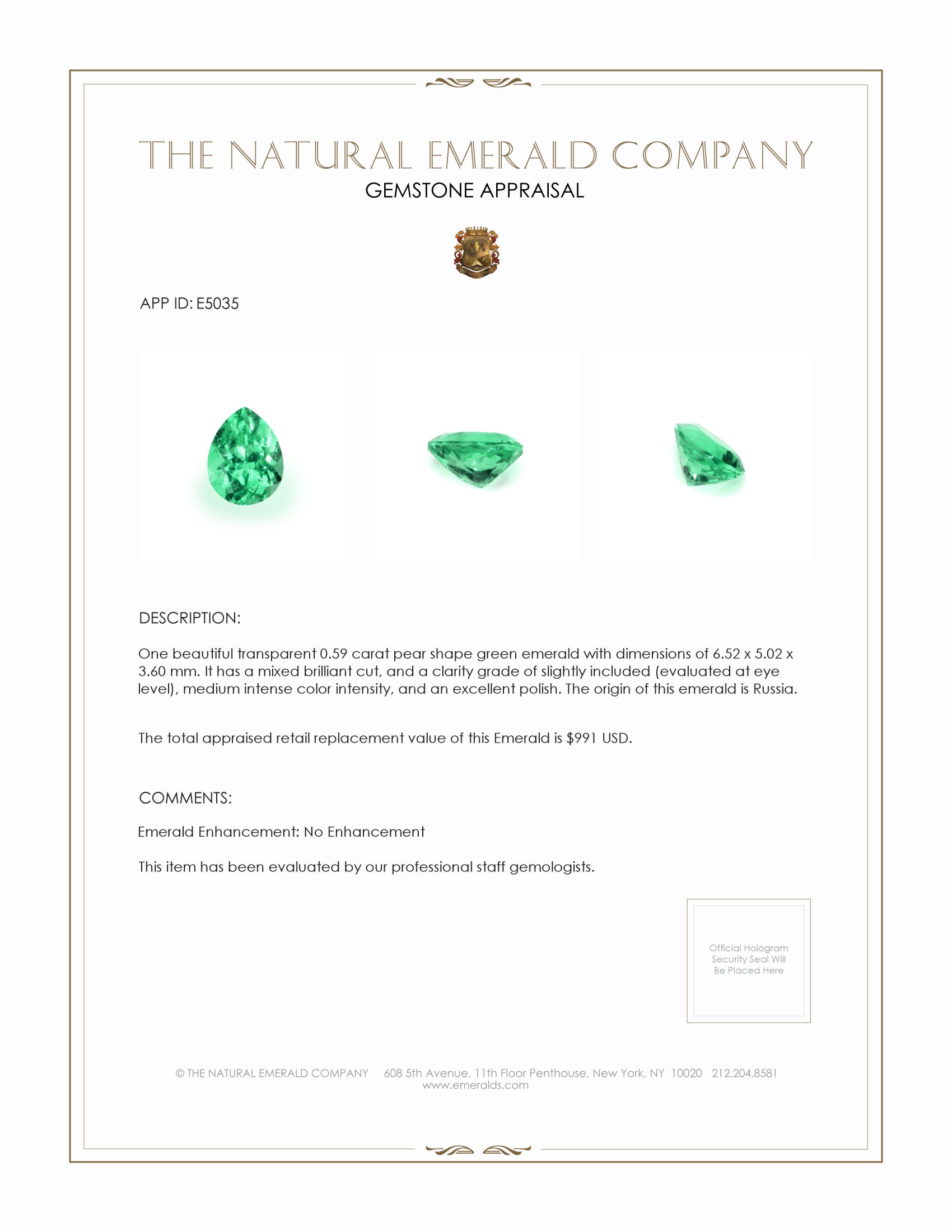 0.59 Ct. Emerald from Russia
