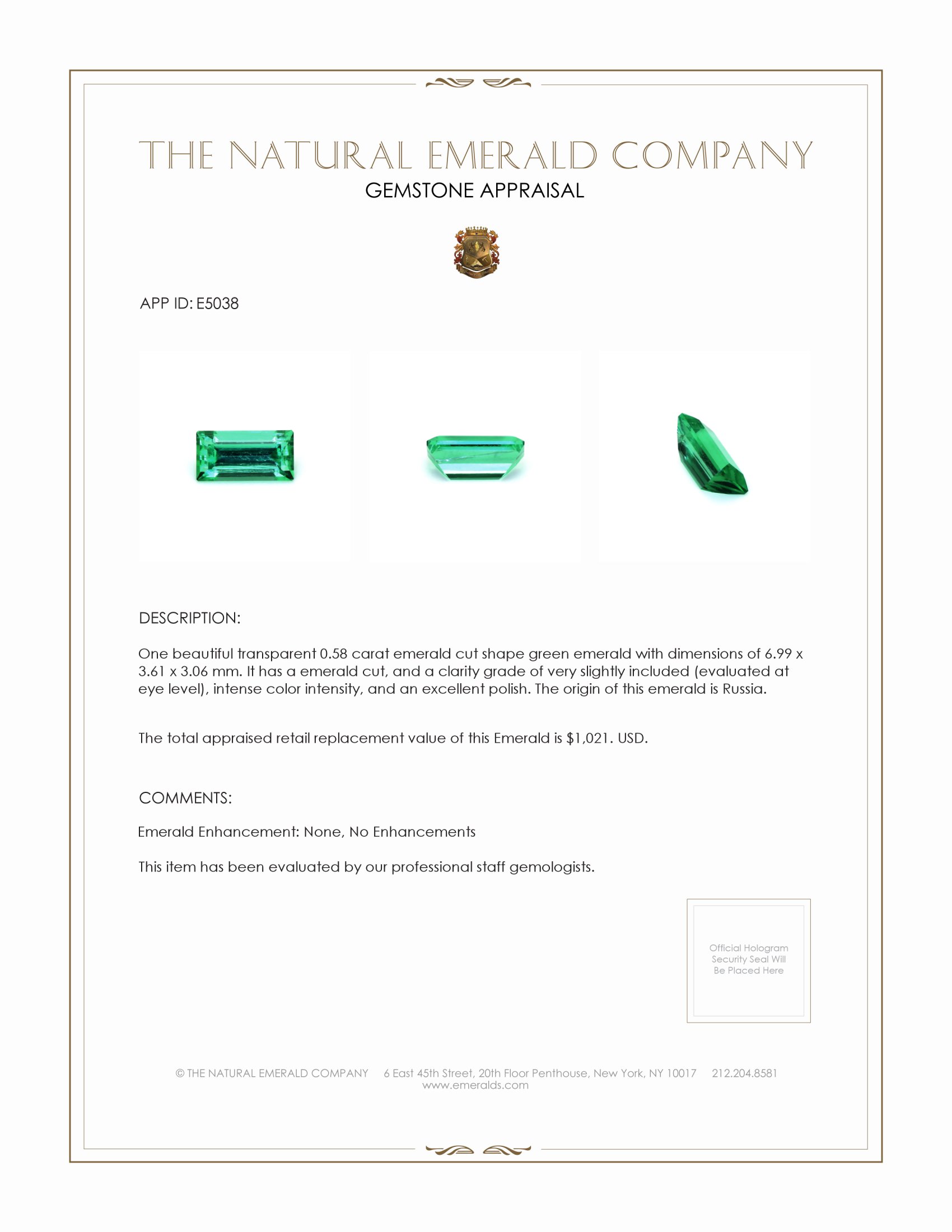 0.58 Ct. Emerald from Russia