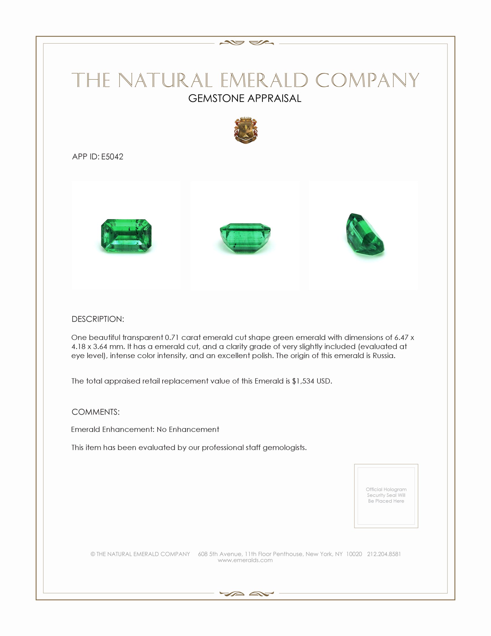 0.71 Ct. Emerald from Russia