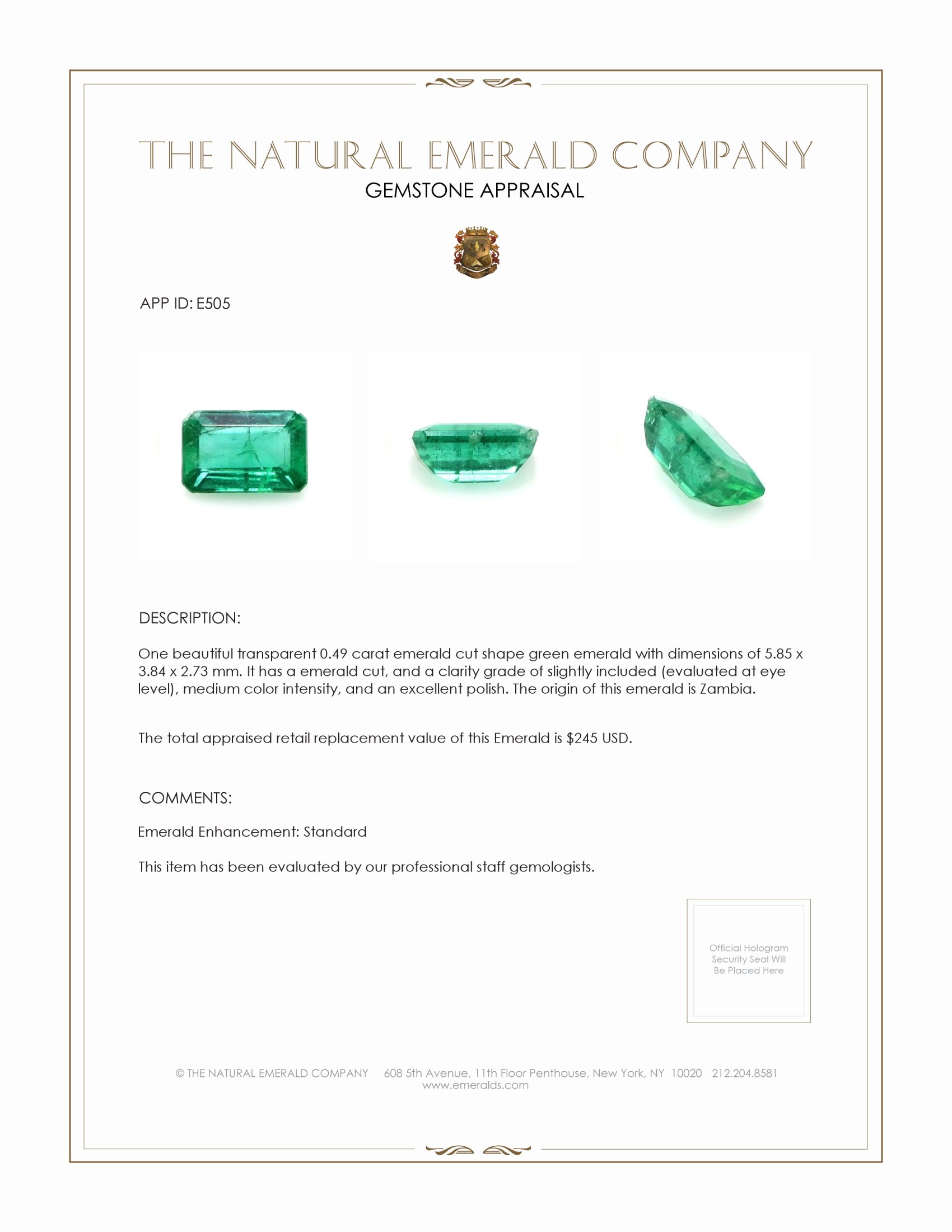 0.49 Ct. Emerald from Zambia