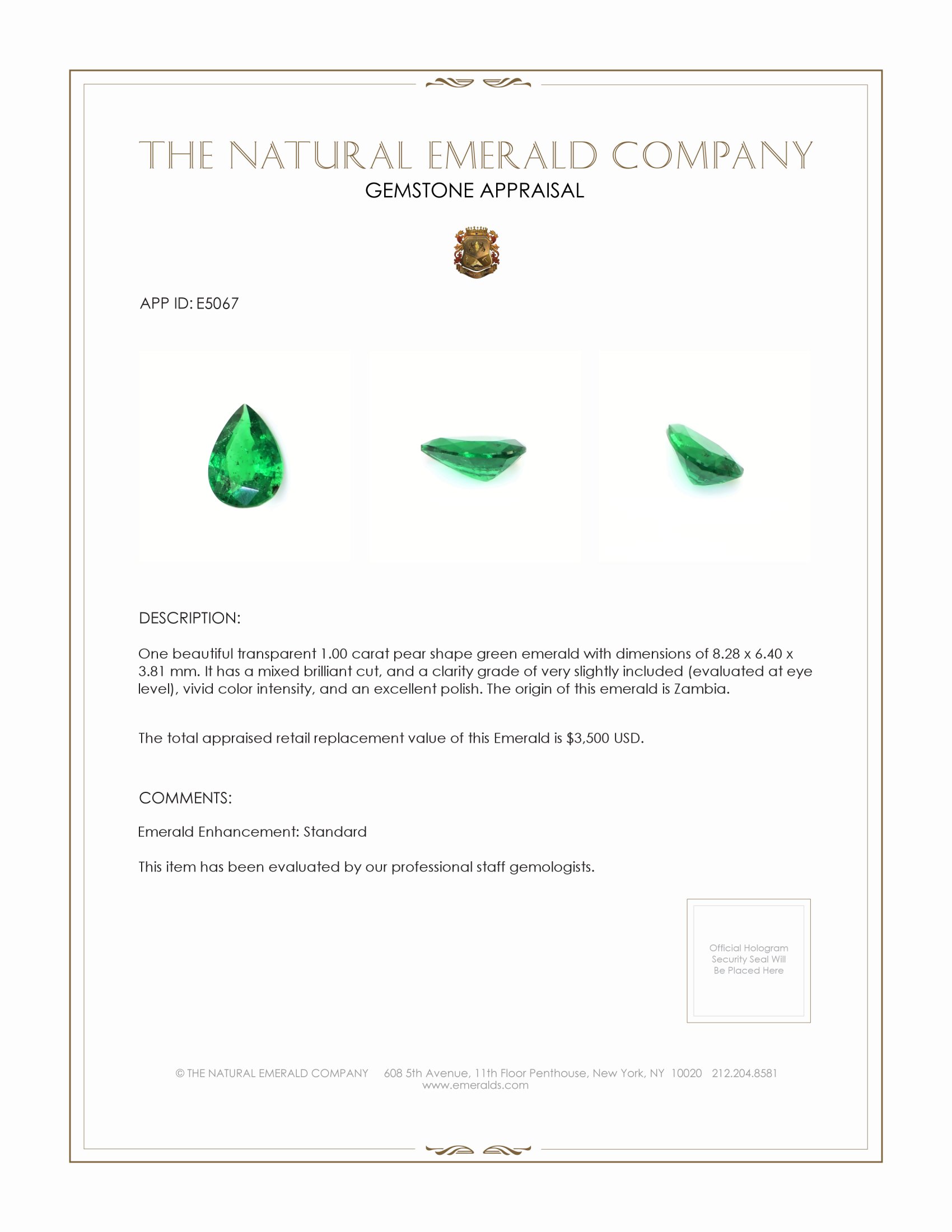 1.00 Ct. Emerald from Zambia