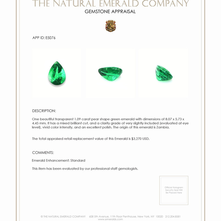 1.09 Ct. Emerald from Zambia