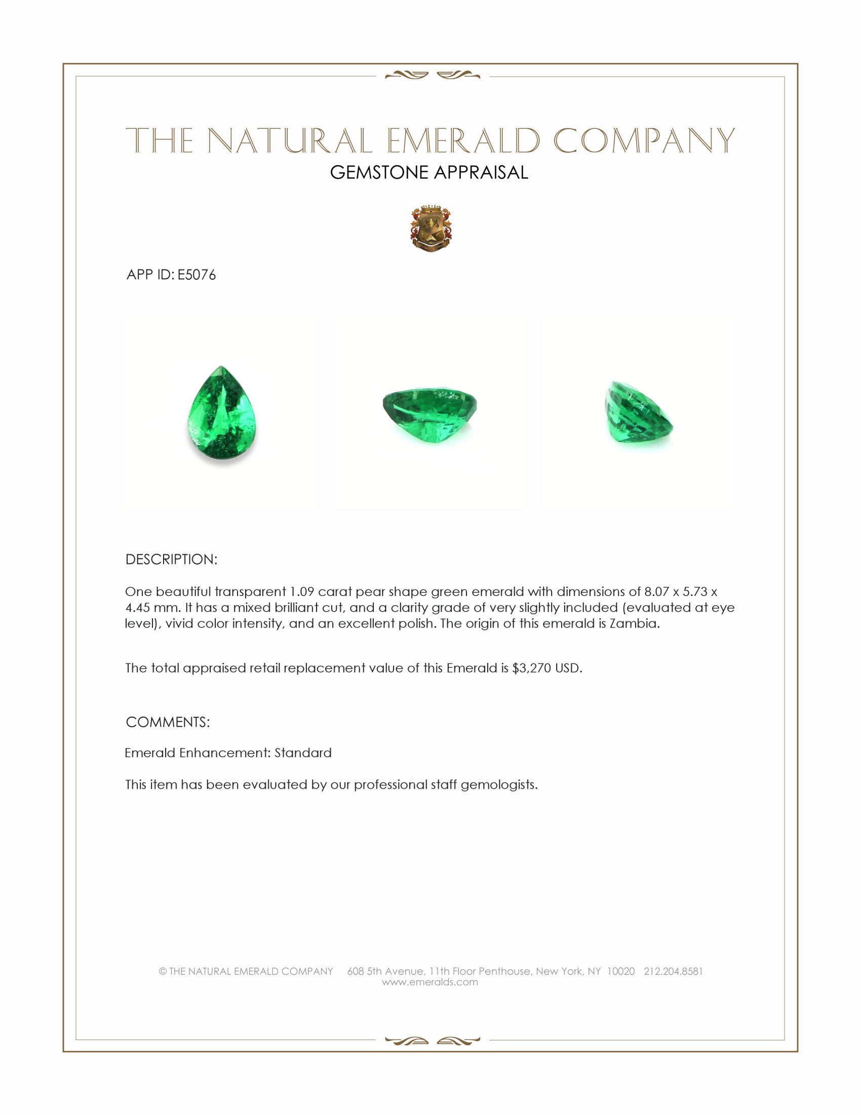 1.09 Ct. Emerald from Zambia