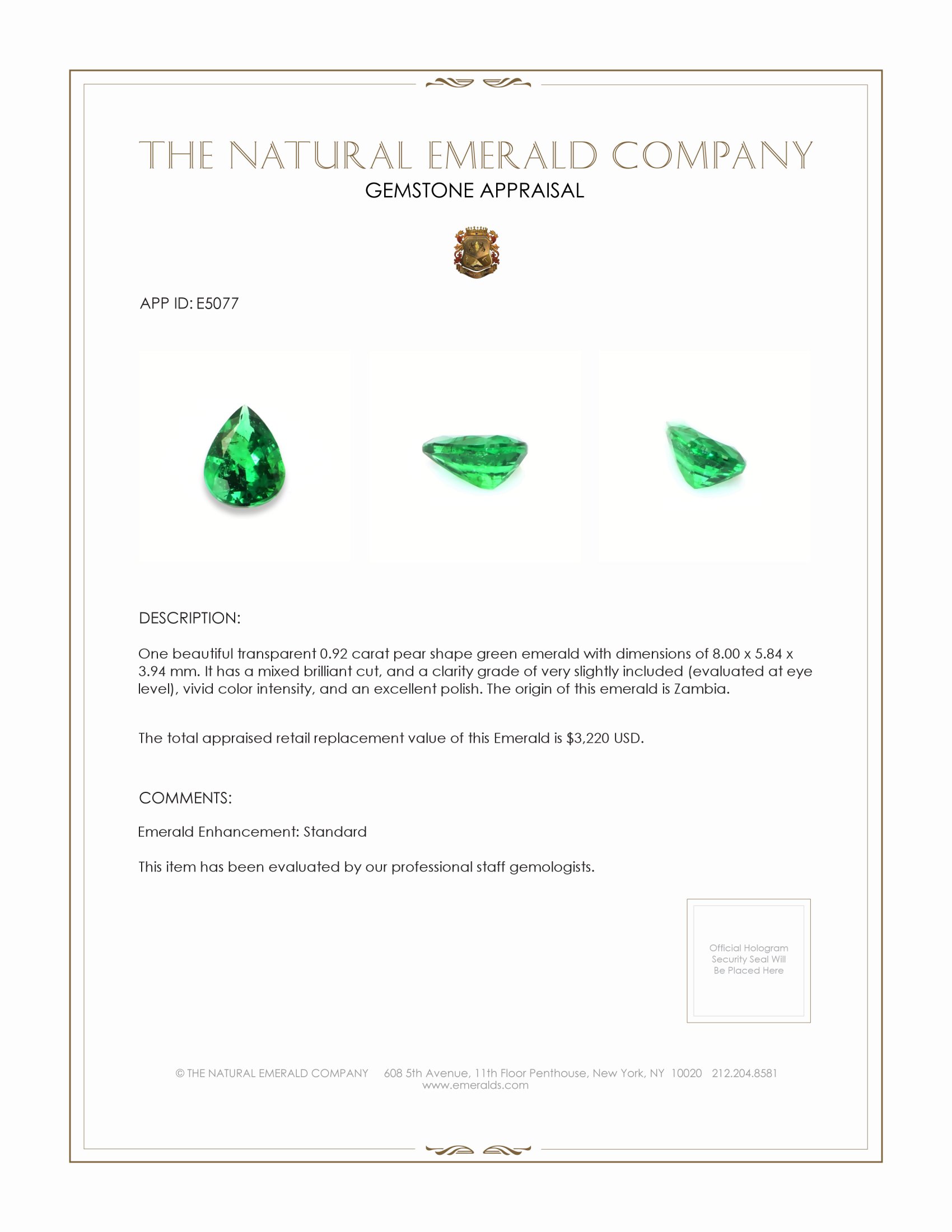 0.92 Ct. Emerald from Zambia