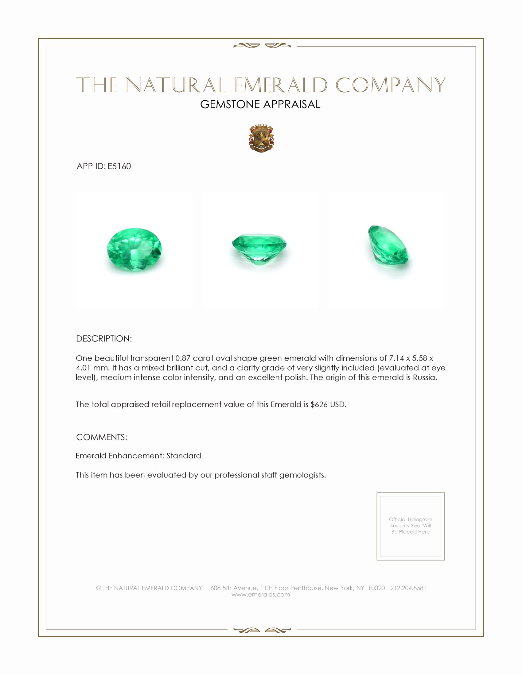 0.87 Ct. Emerald from Russia