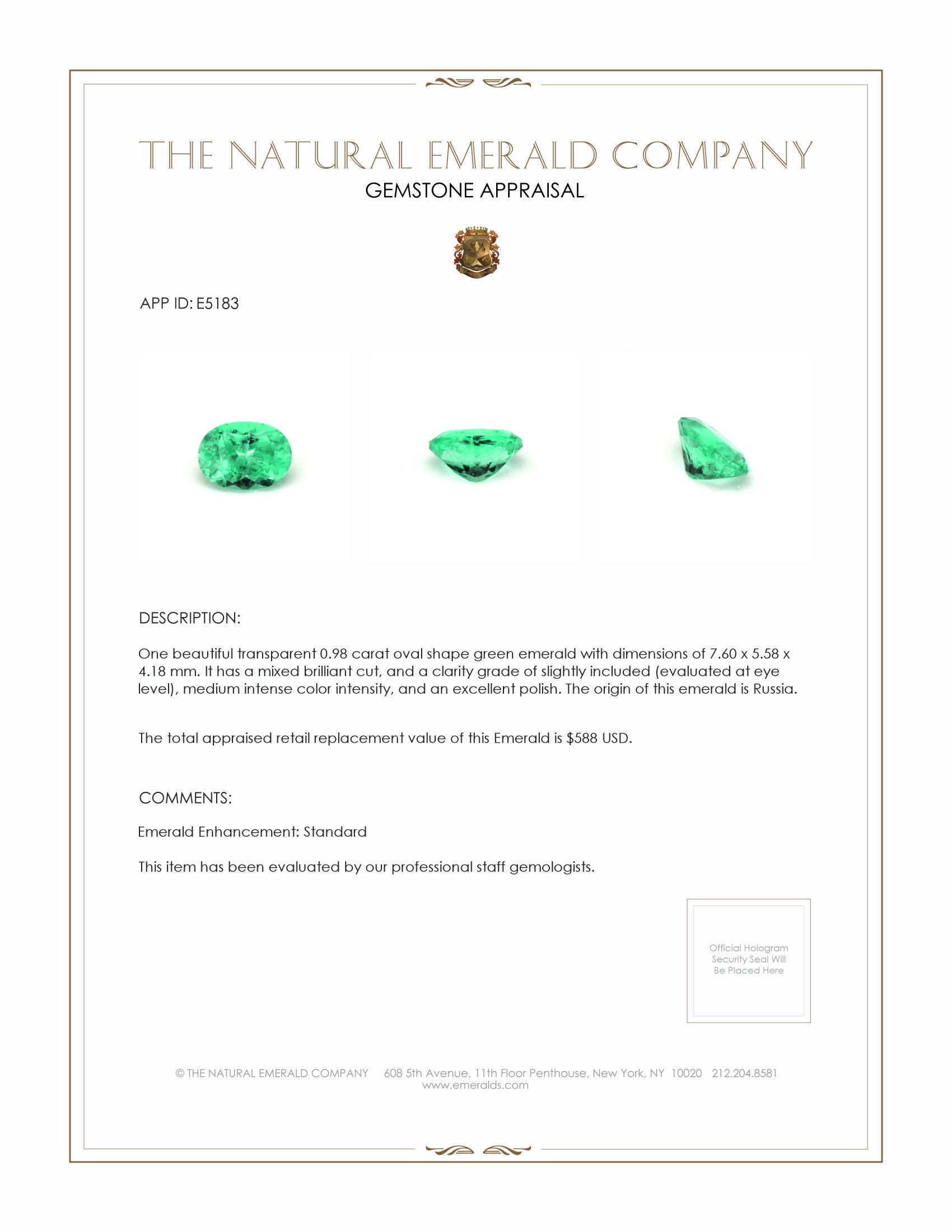0.98 Ct. Emerald from Russia