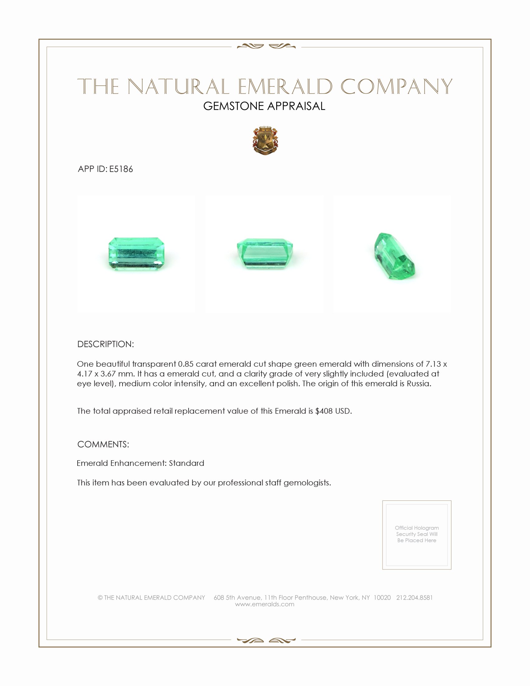 0.85 Ct. Emerald from Russia