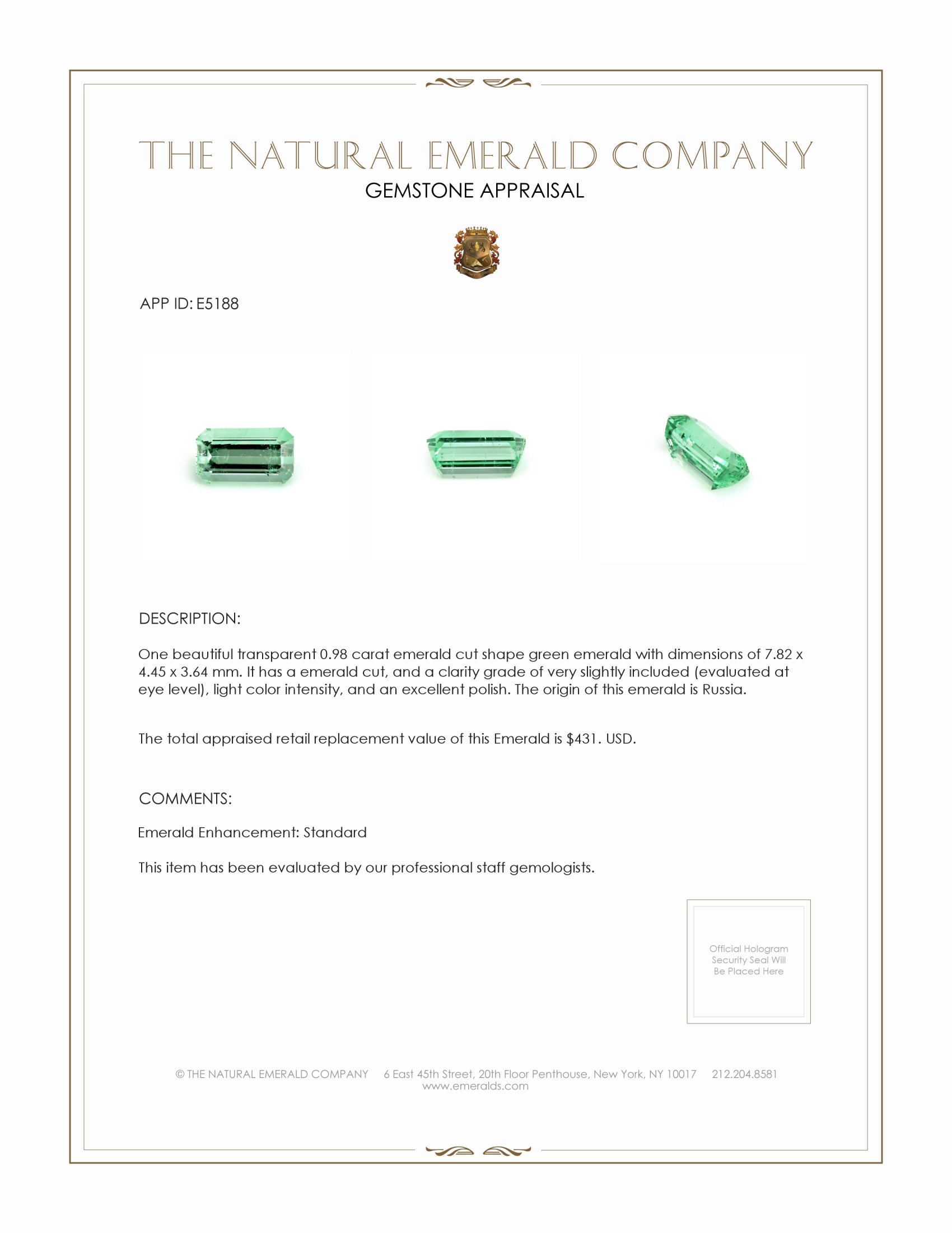 0.98 Ct. Emerald from Russia