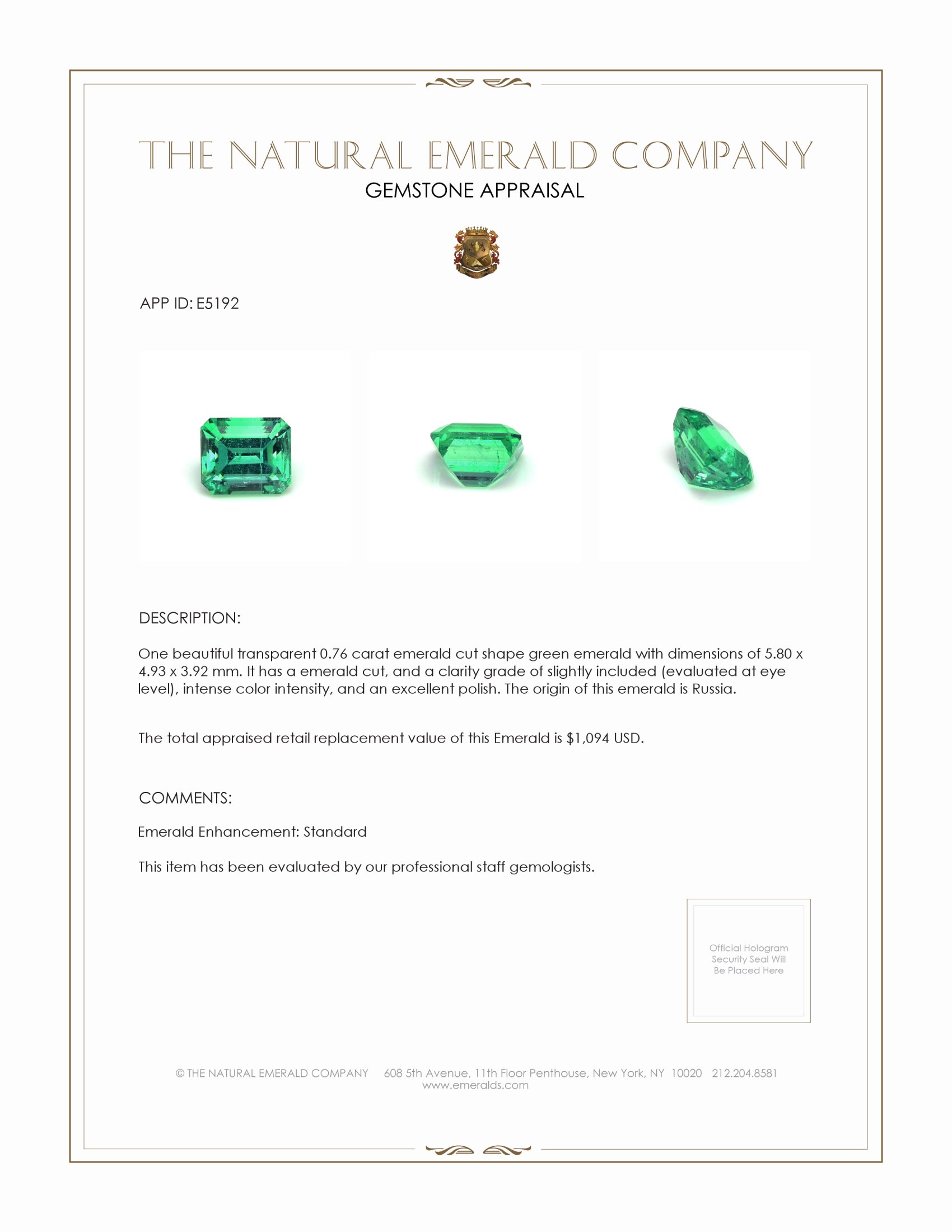 0.76 Ct. Emerald from Russia