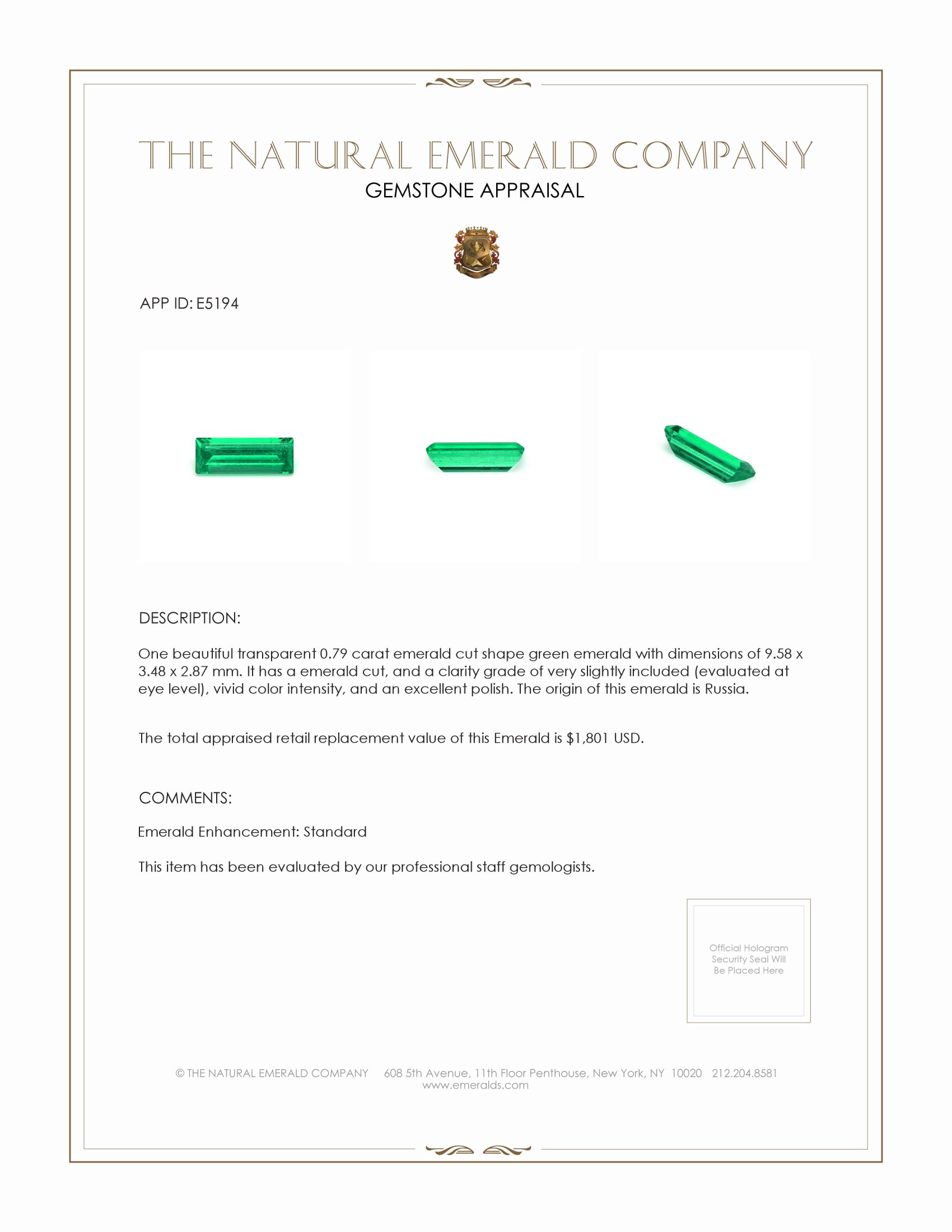 0.79 Ct. Emerald from Russia