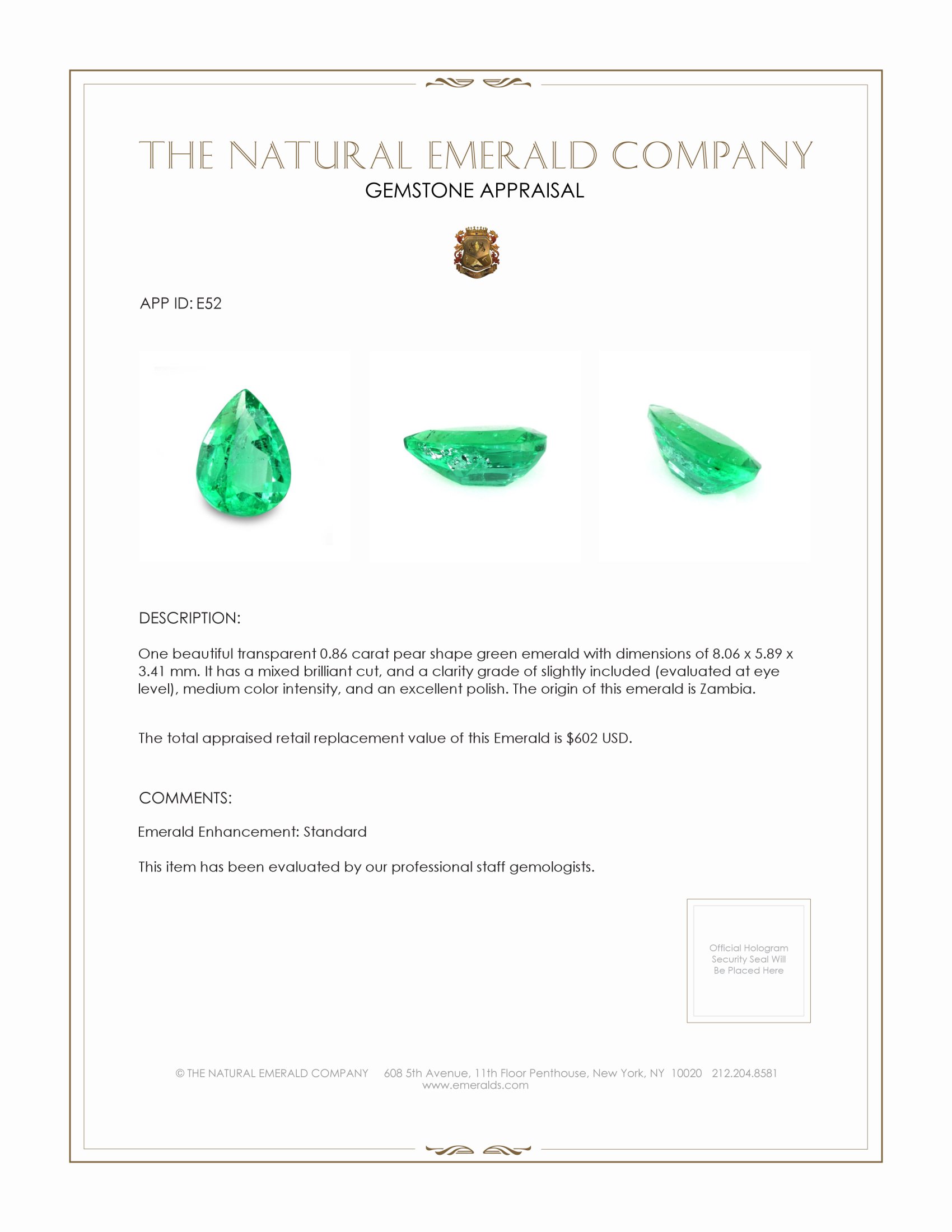 0.86 Ct. Emerald from Zambia