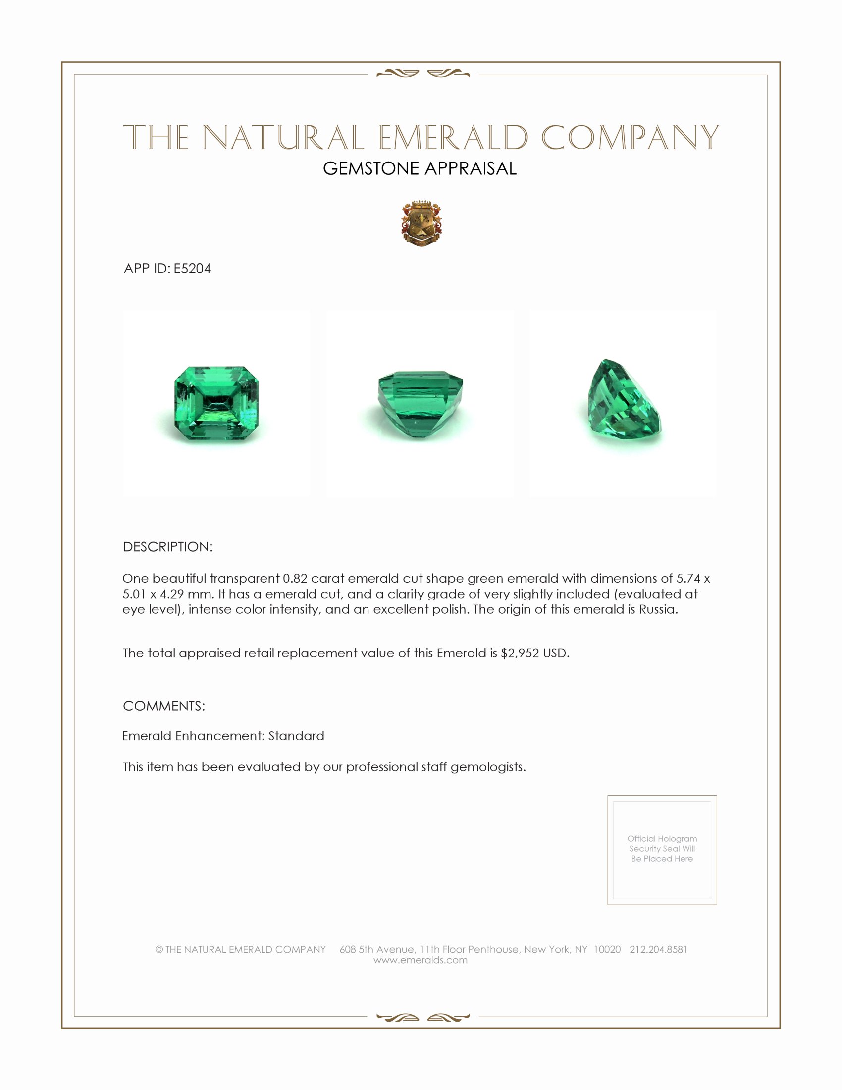 0.82 Ct. Emerald from Russia