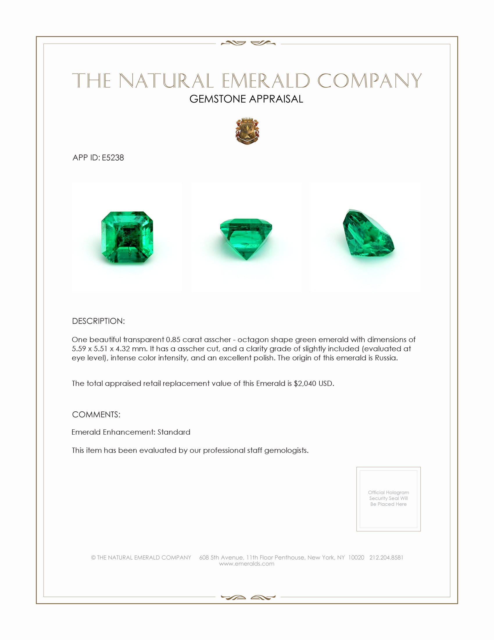 0.85 Ct. Emerald from Russia