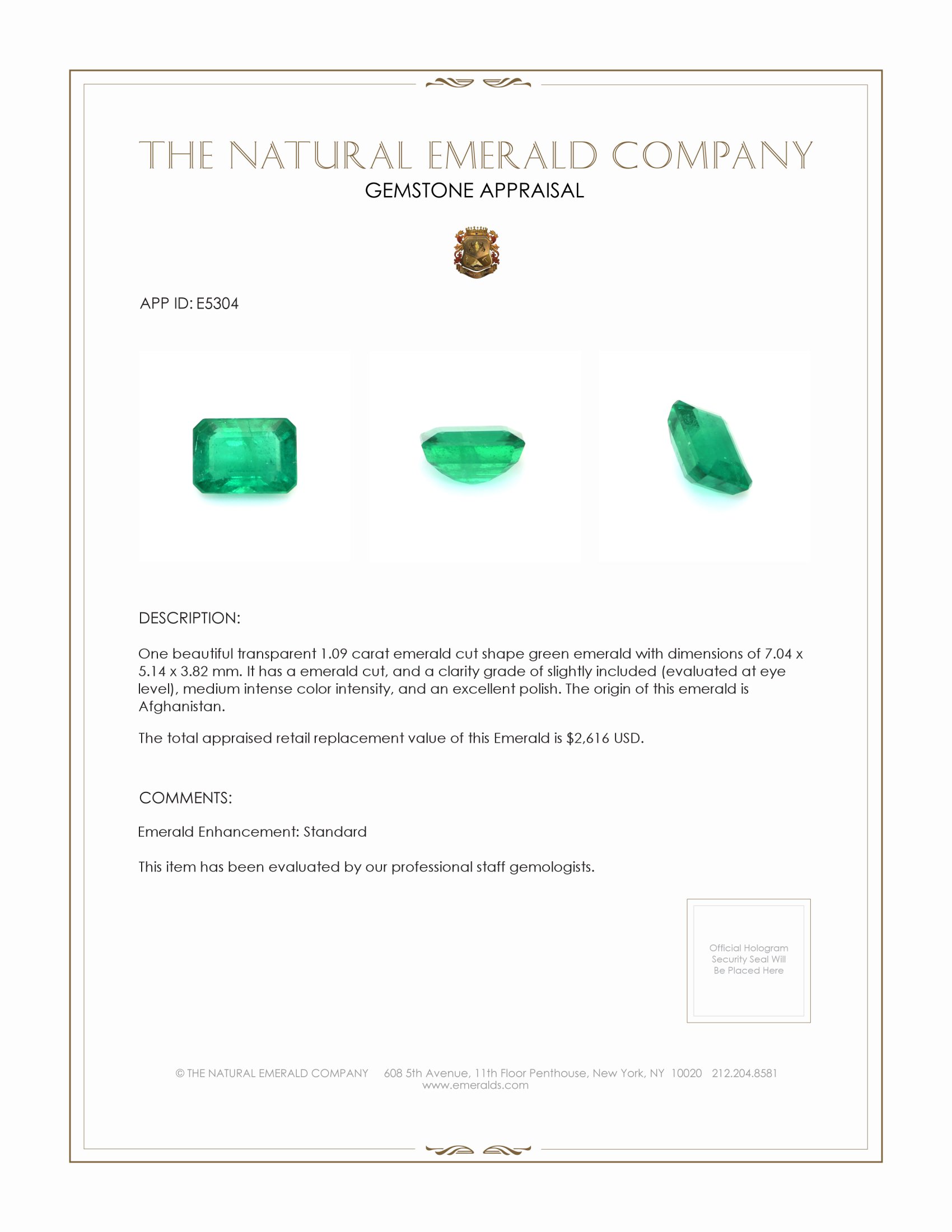 1.09 Ct. Emerald from Afghanistan