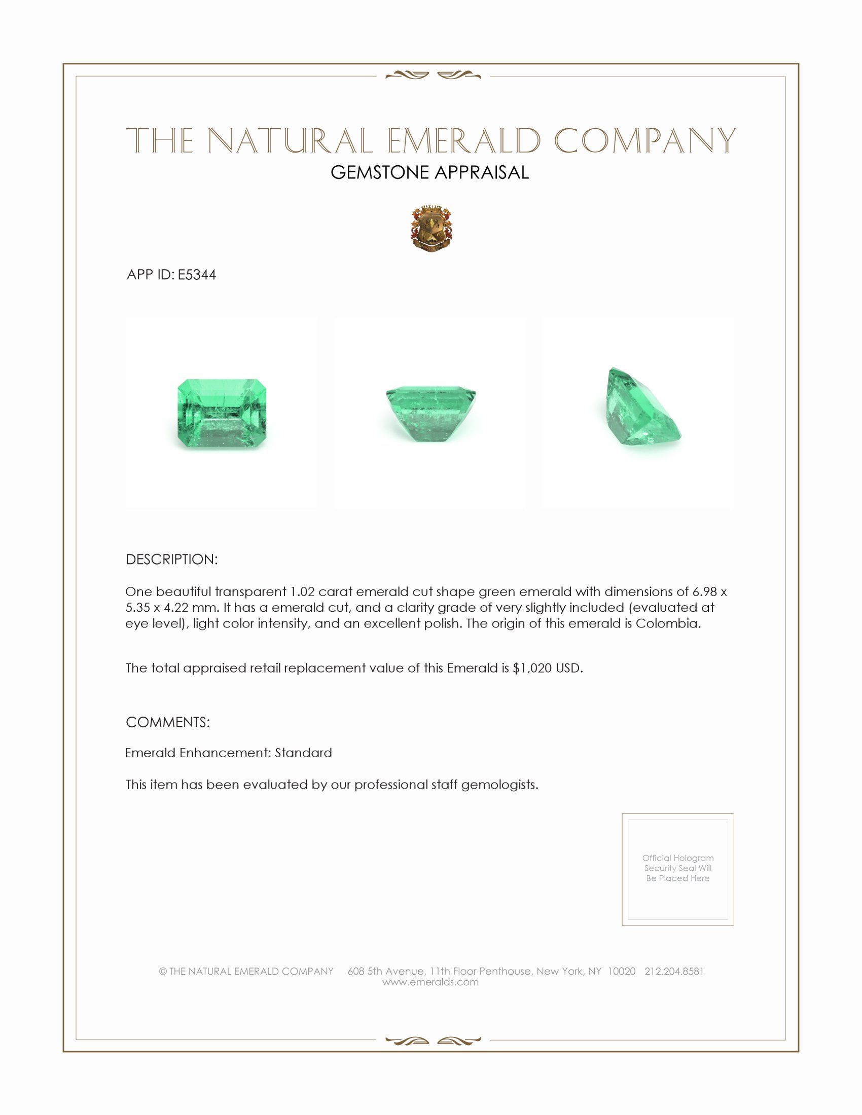 1.02 Ct. Emerald from Colombia