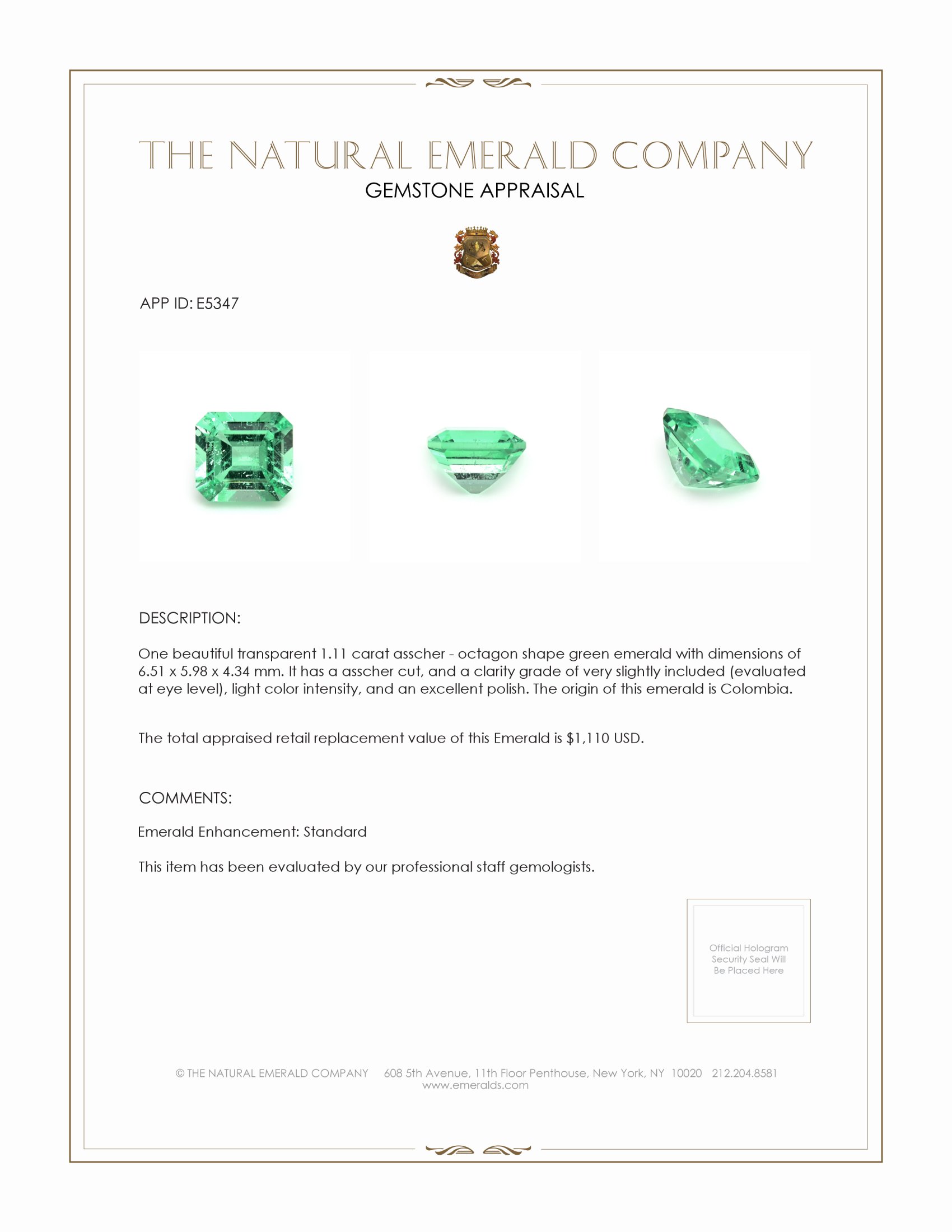 1.11 Ct. Emerald from Colombia