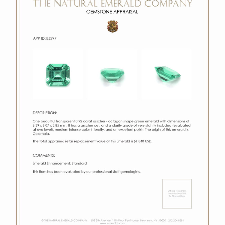 0.92 Ct. Emerald from Colombia