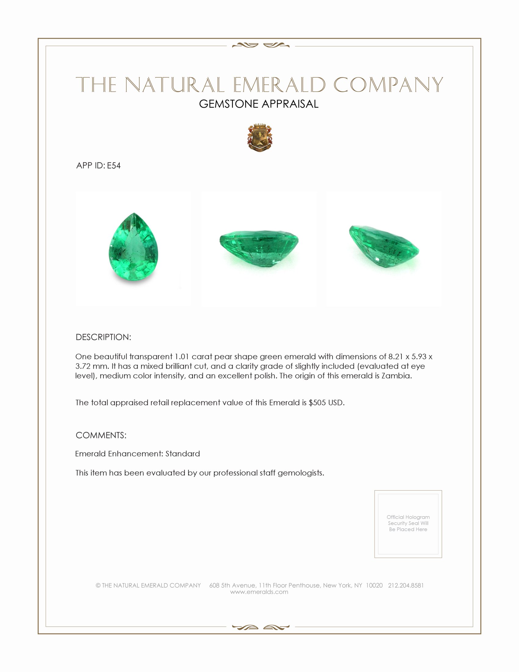 1.01 Ct. Emerald from Zambia