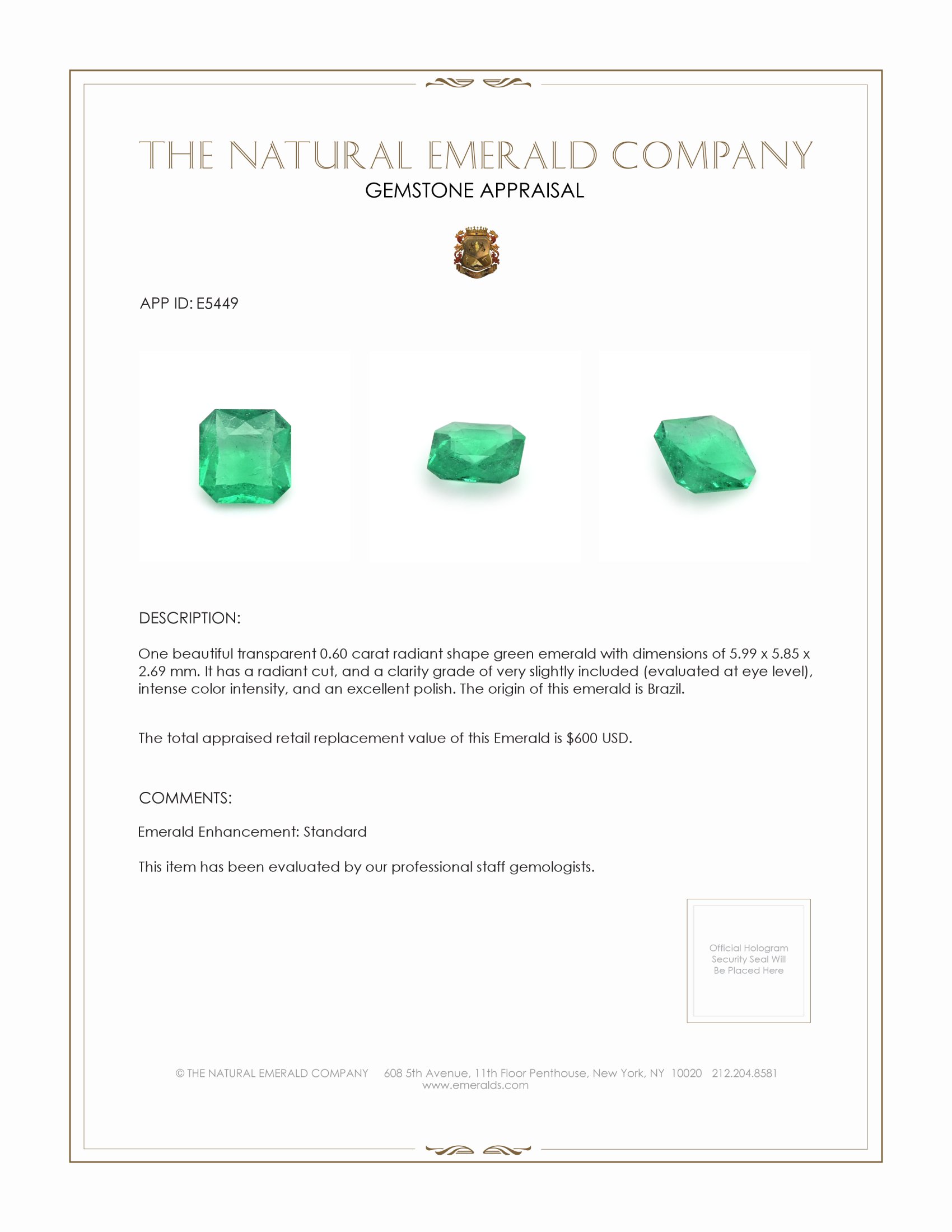 0.60 Ct. Emerald from Brazil