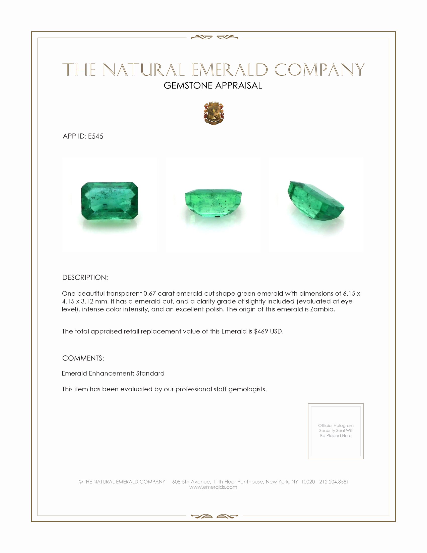 0.67 Ct. Emerald from Zambia