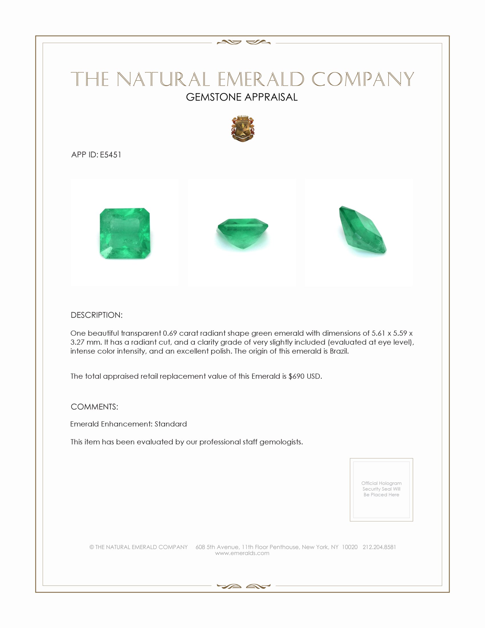 0.69 Ct. Emerald from Brazil