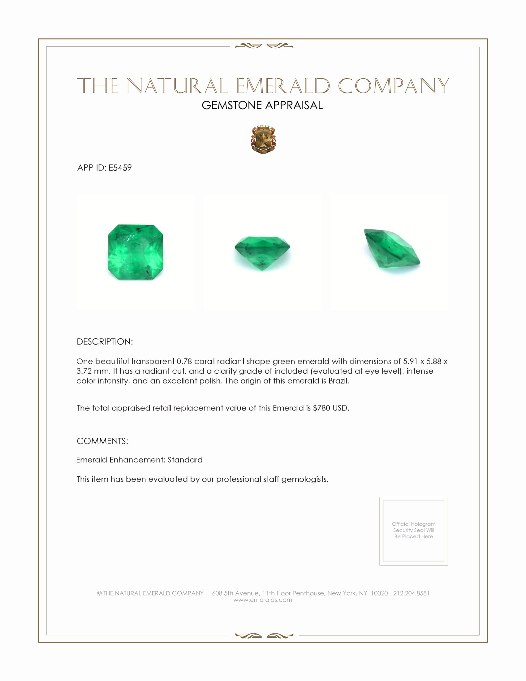0.78 Ct. Emerald from Brazil