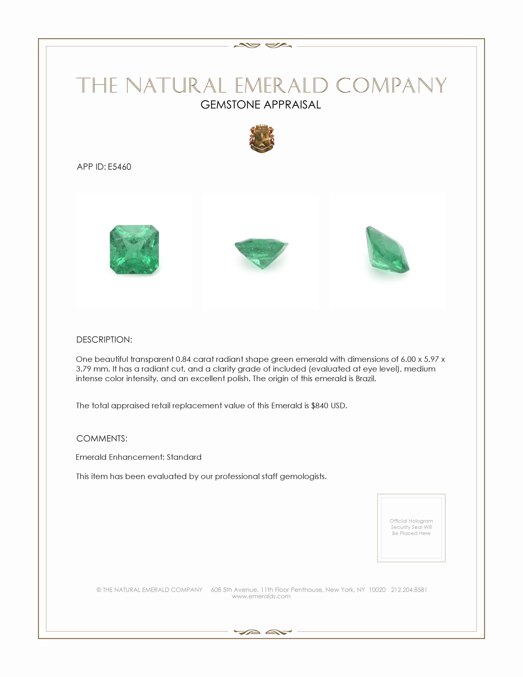 0.84 Ct. Emerald from Brazil