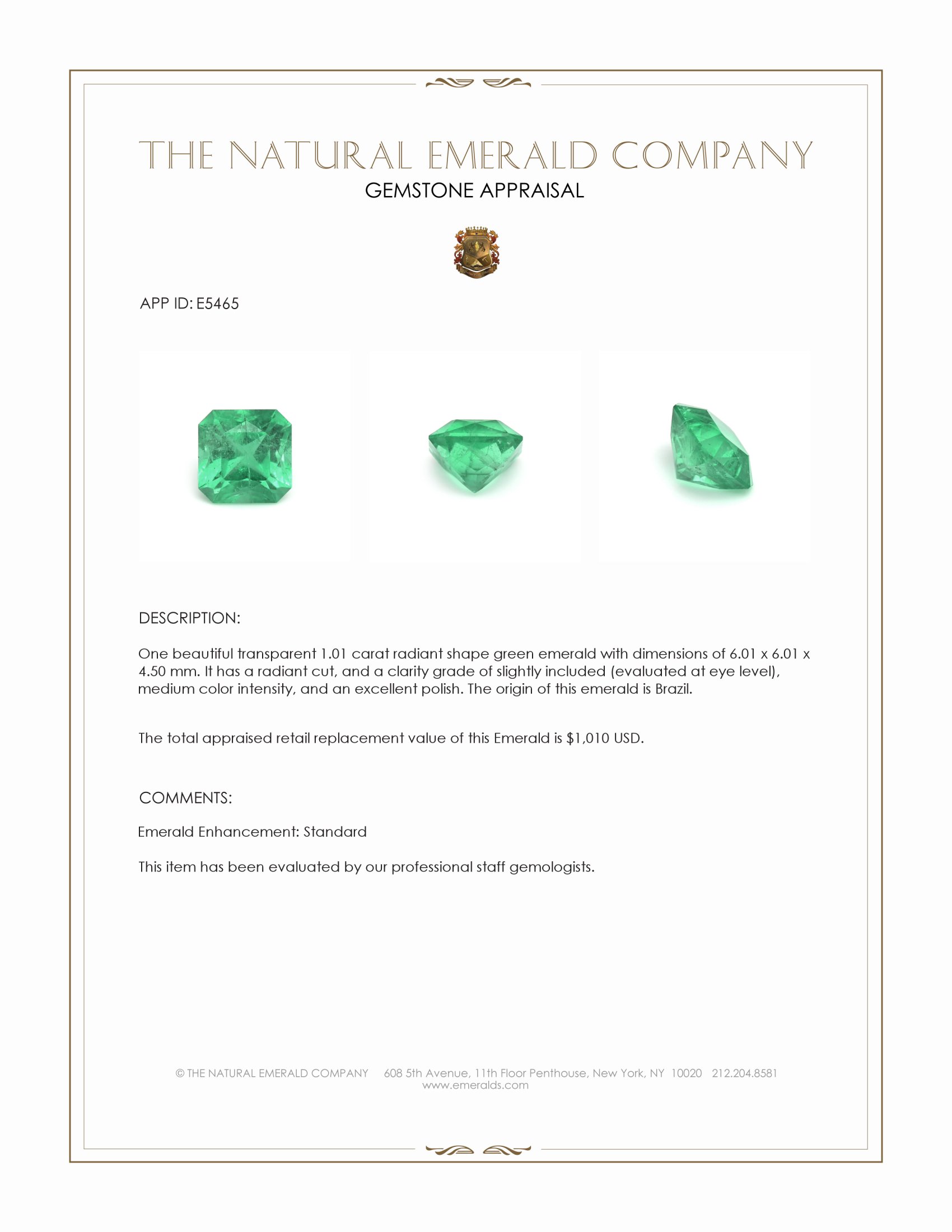 1.01 Ct. Emerald from Brazil