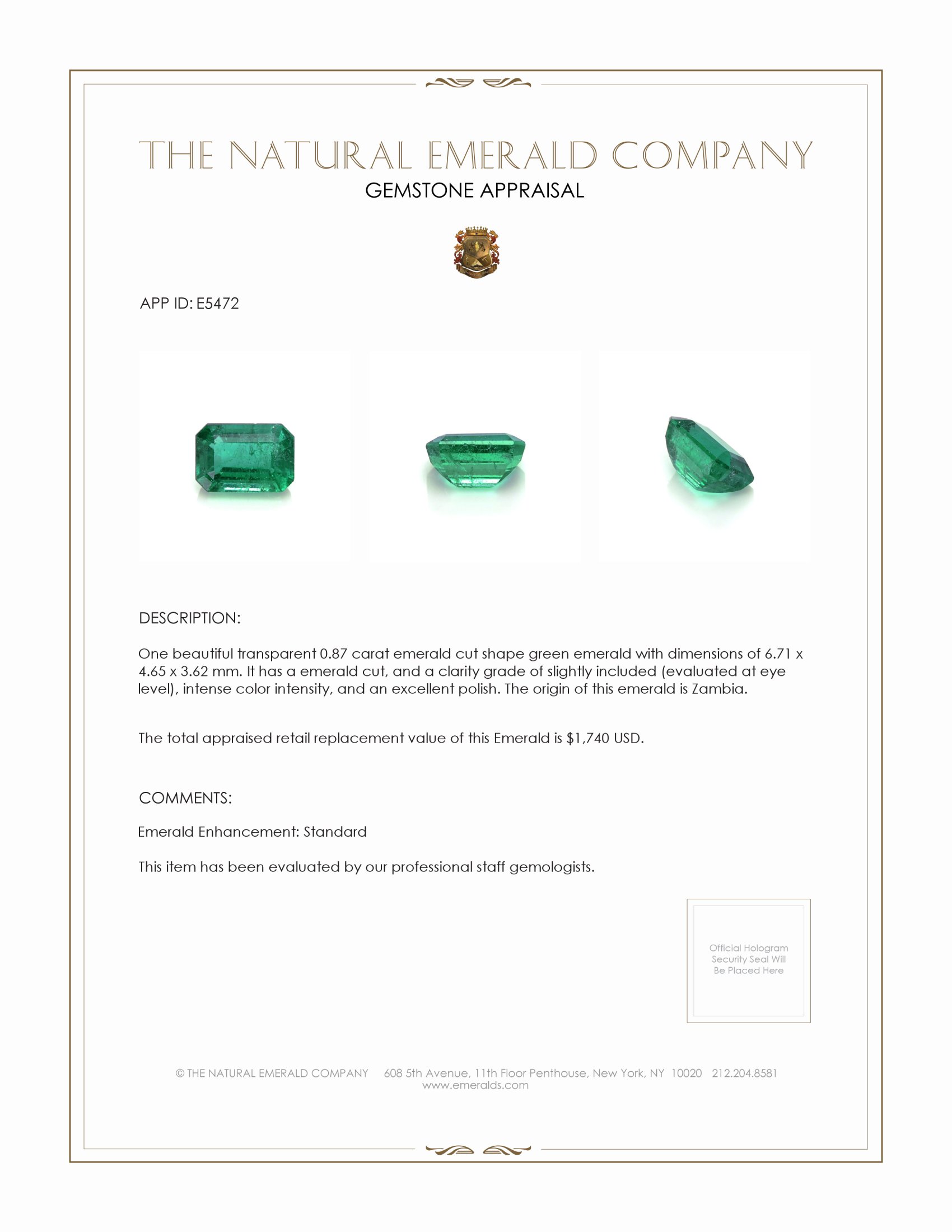 0.87 Ct. Emerald from Zambia