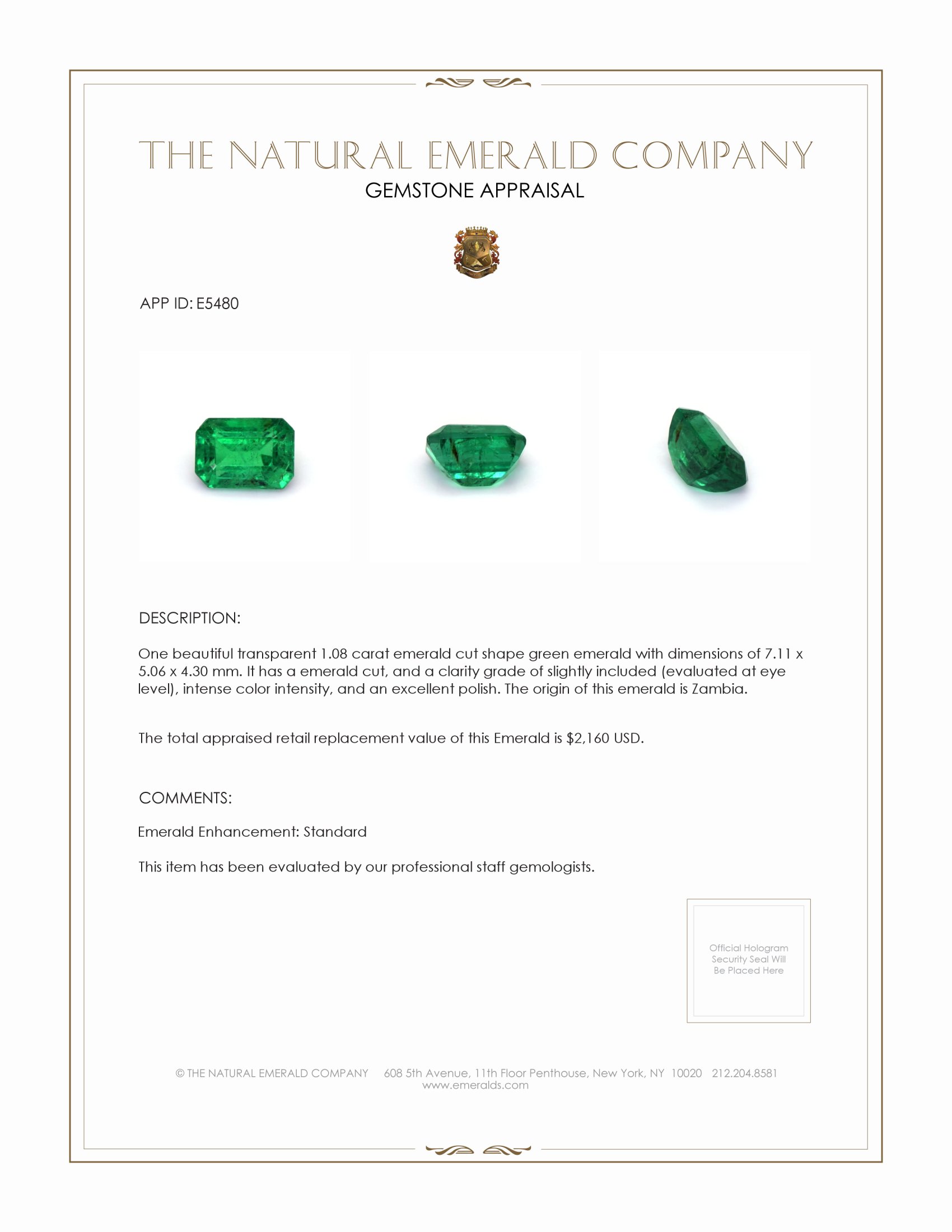 1.08 Ct. Emerald from Zambia