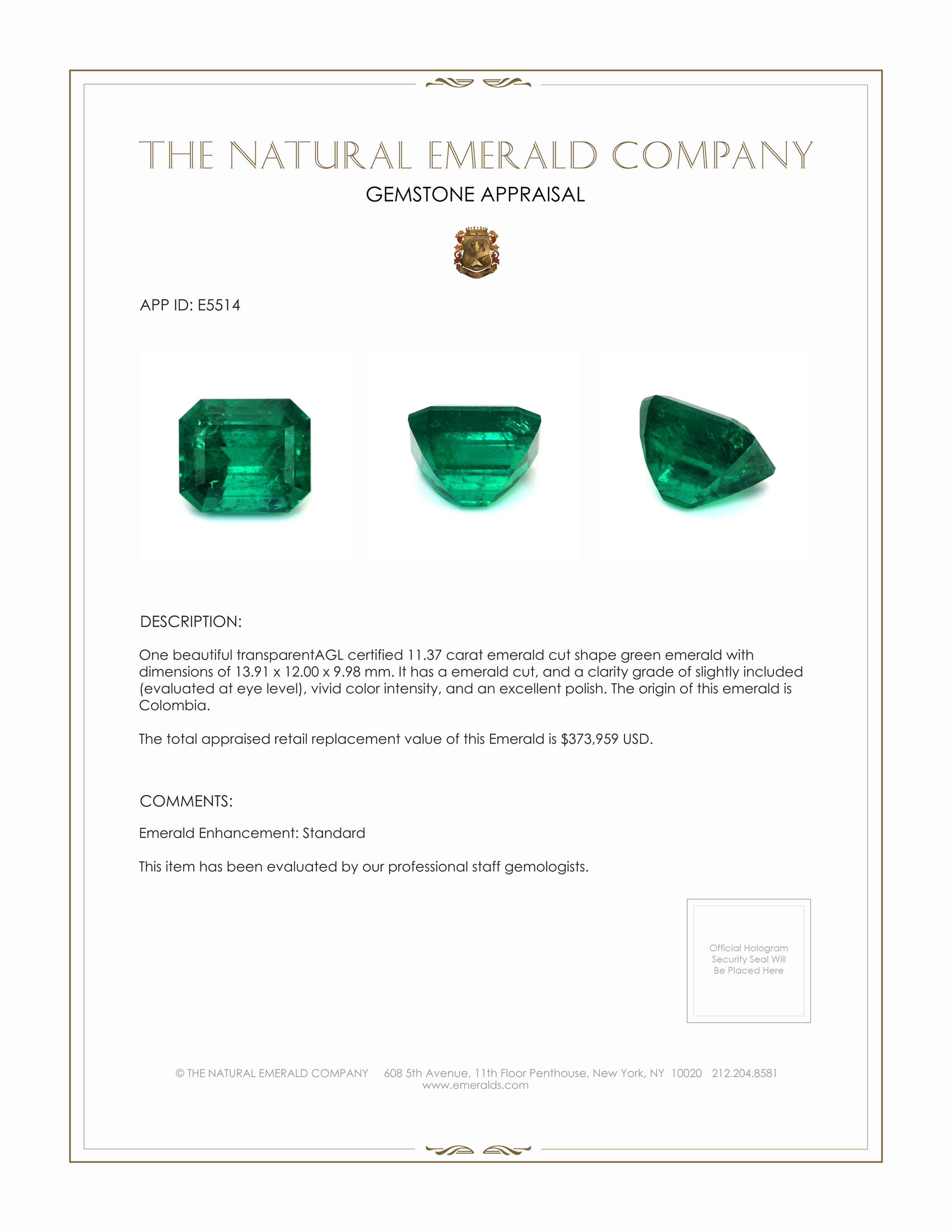 11.37 Ct. Emerald from Colombia