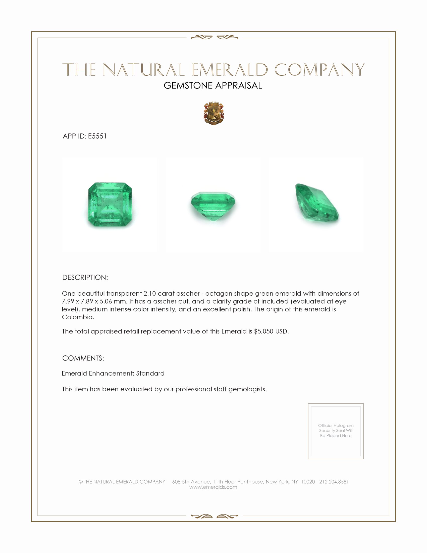 2.10 Ct. Emerald from Colombia