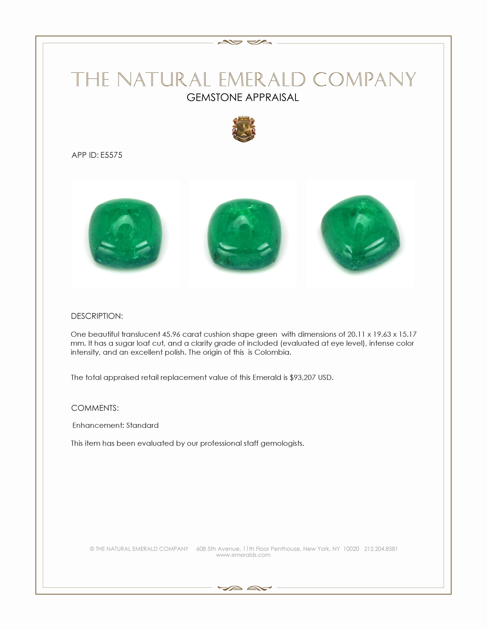 45.96 Ct. Cabochon Emerald from Colombia