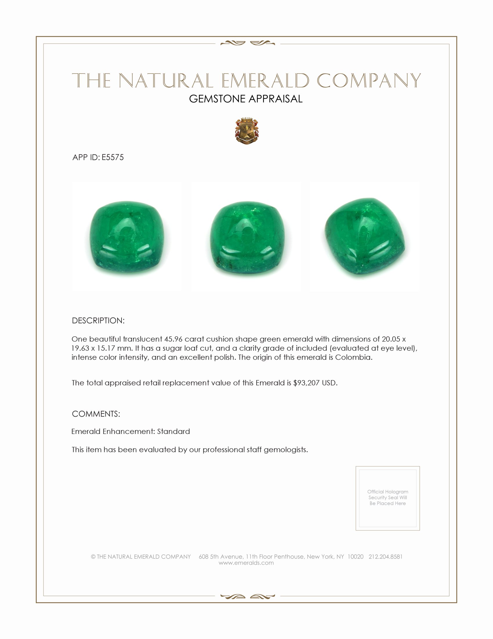 45.96 Ct. Cabochon Emerald from Colombia