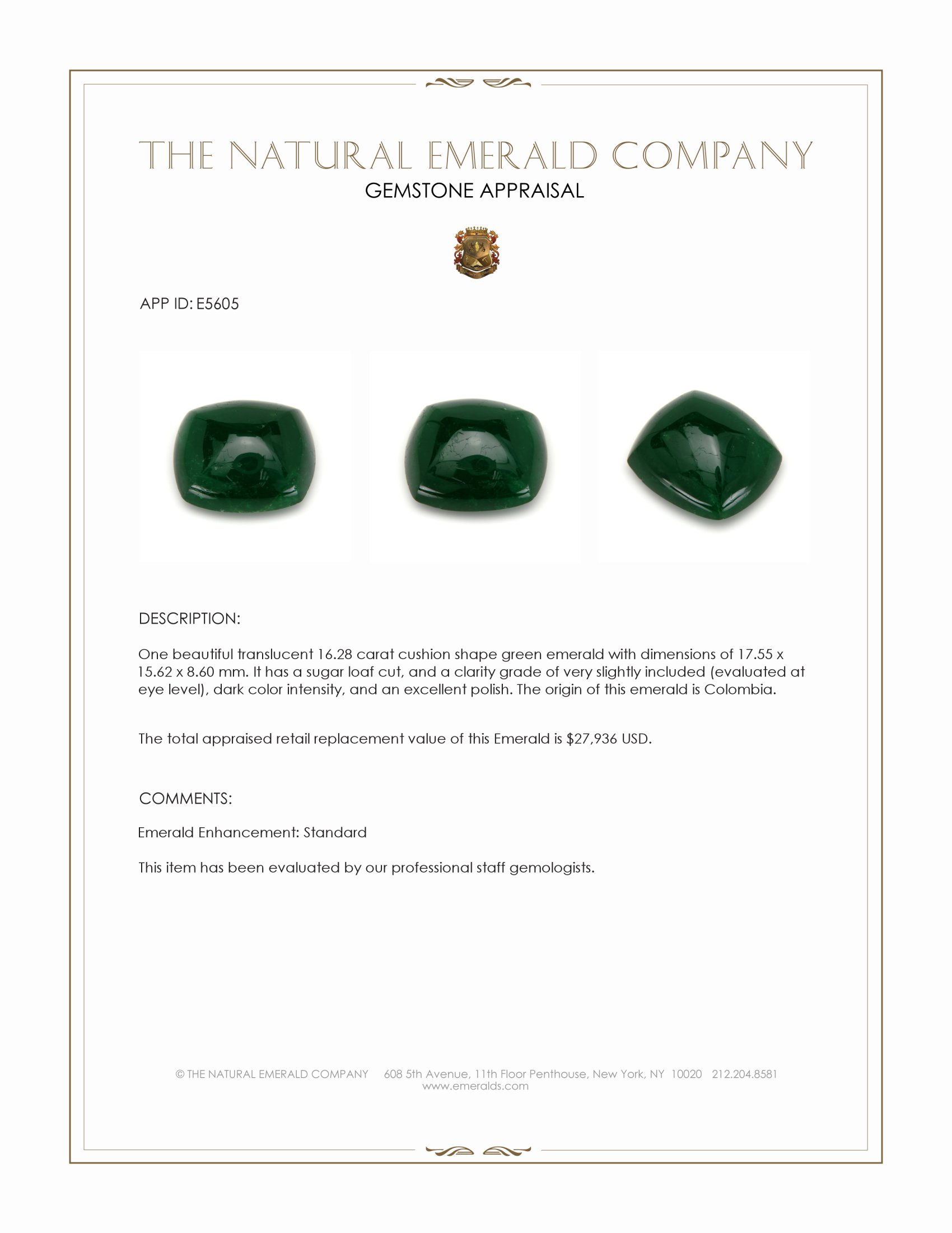 16.28 Ct. Cabochon Emerald from Colombia