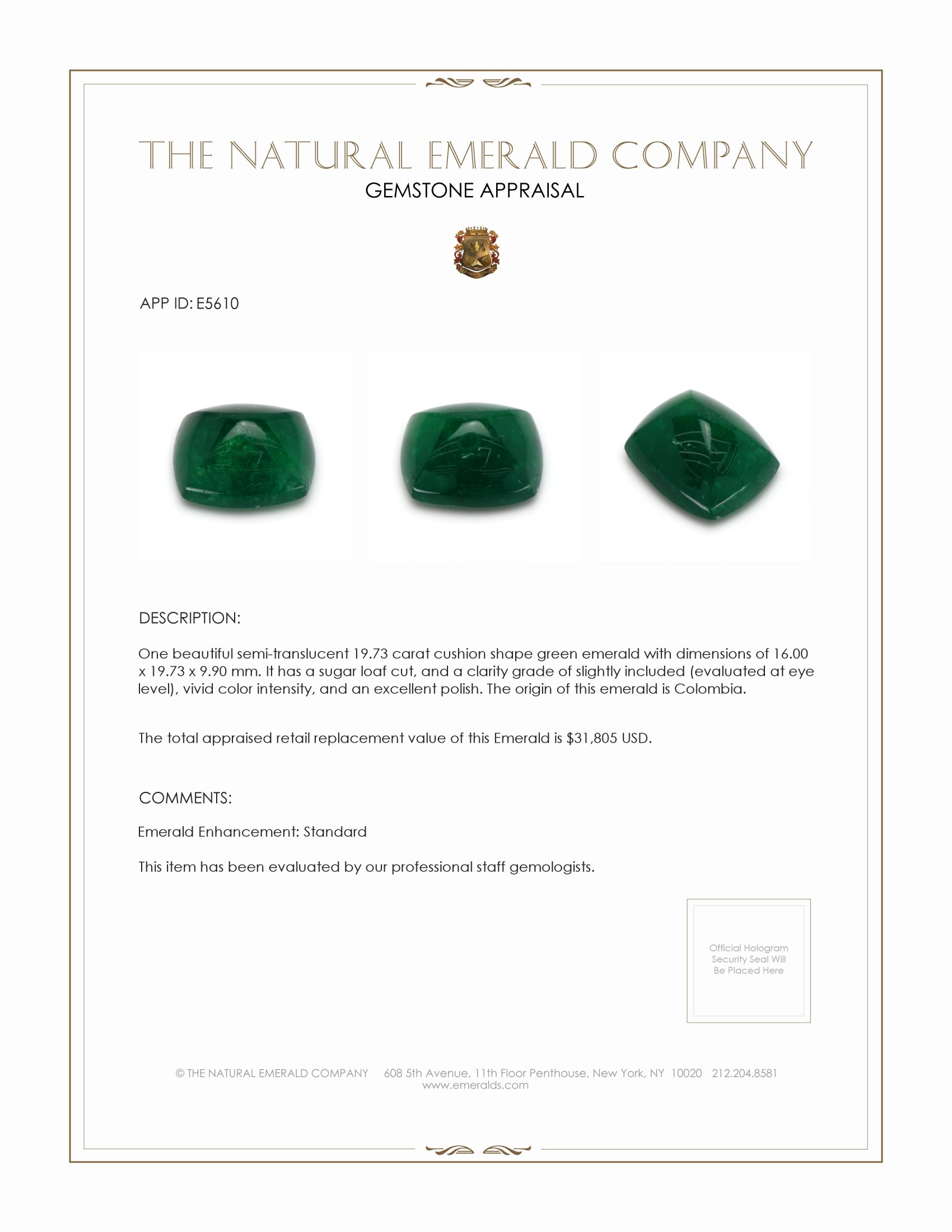 19.73 Ct. Cabochon Emerald from Colombia