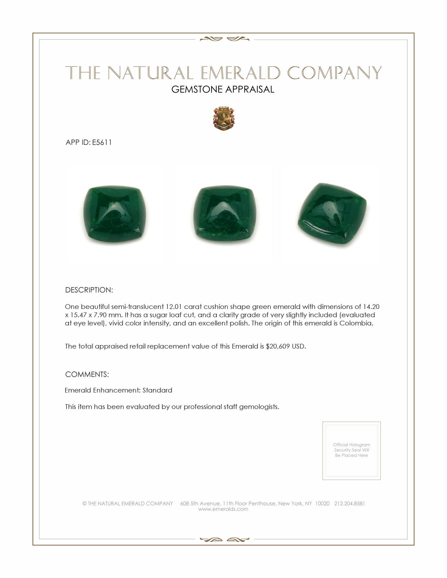 12.01 Ct. Cabochon Emerald from Colombia