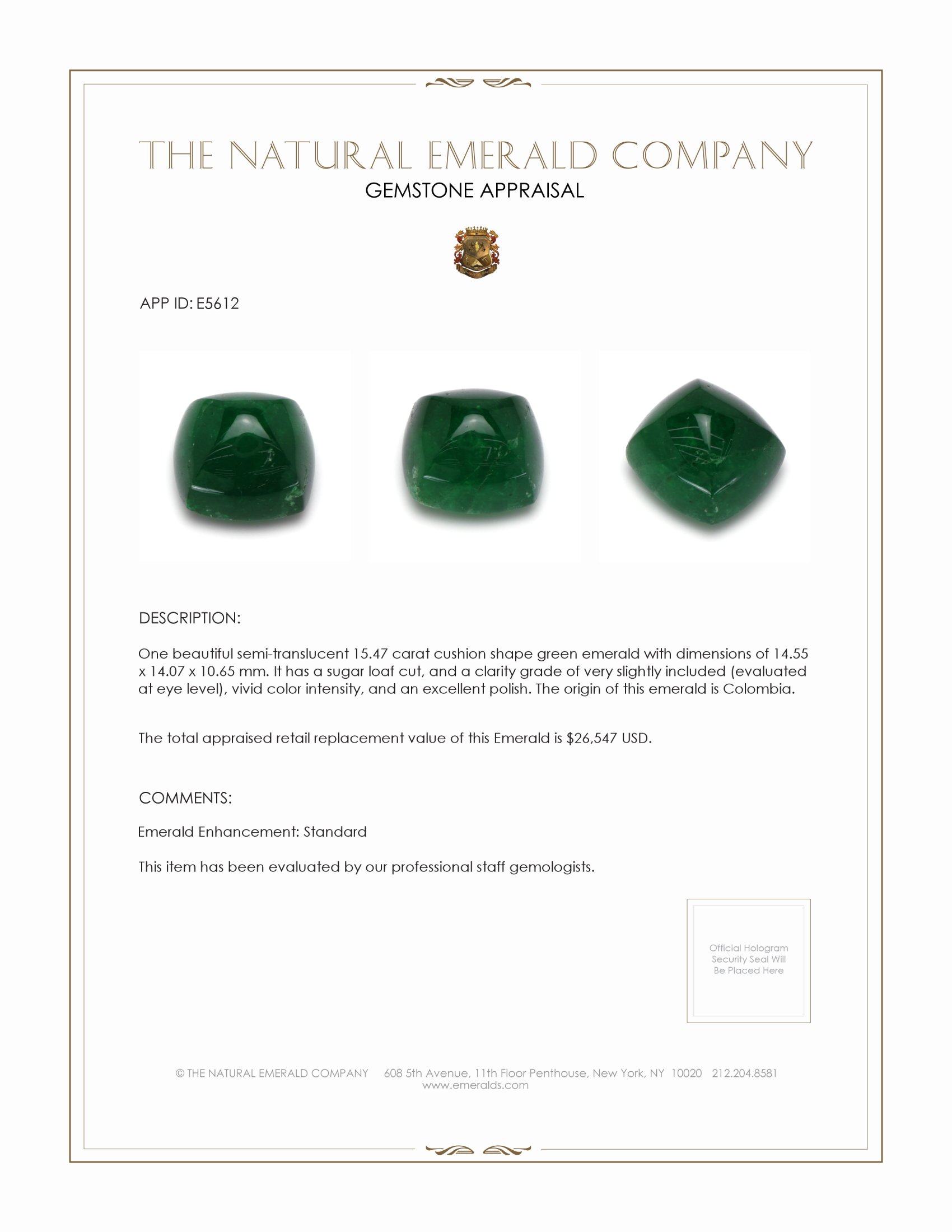 15.47 Ct. Cabochon Emerald from Colombia