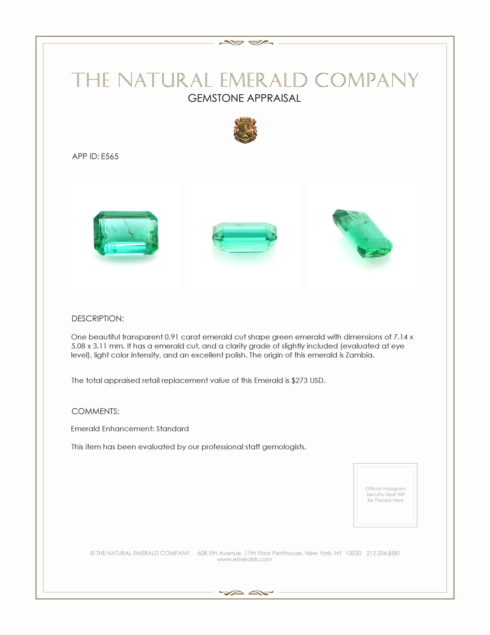 0.91 Ct. Emerald from Zambia