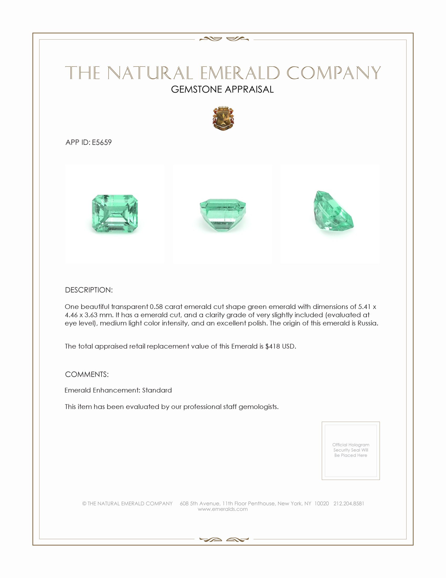 0.58 Ct. Emerald from Russia