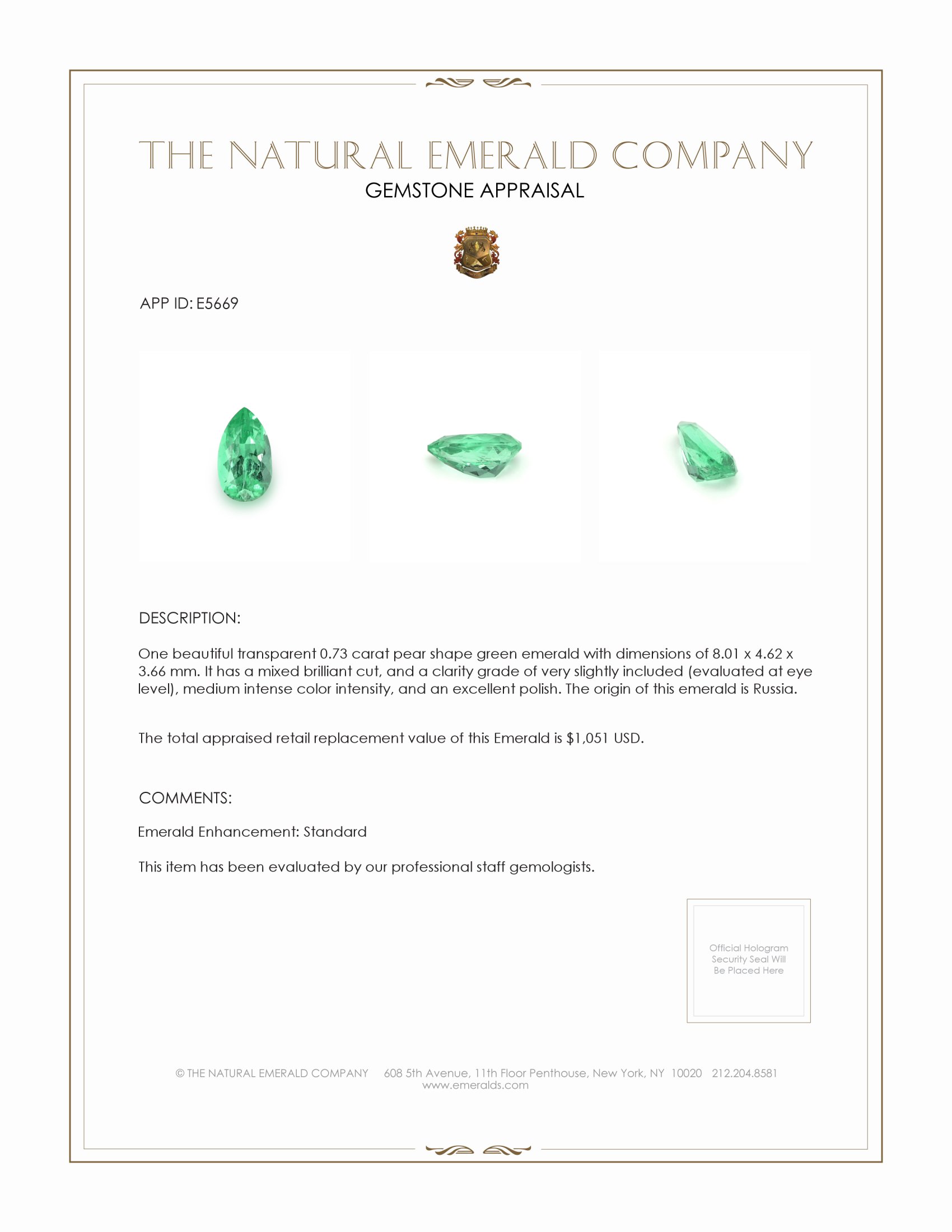 0.73 Ct. Emerald from Russia