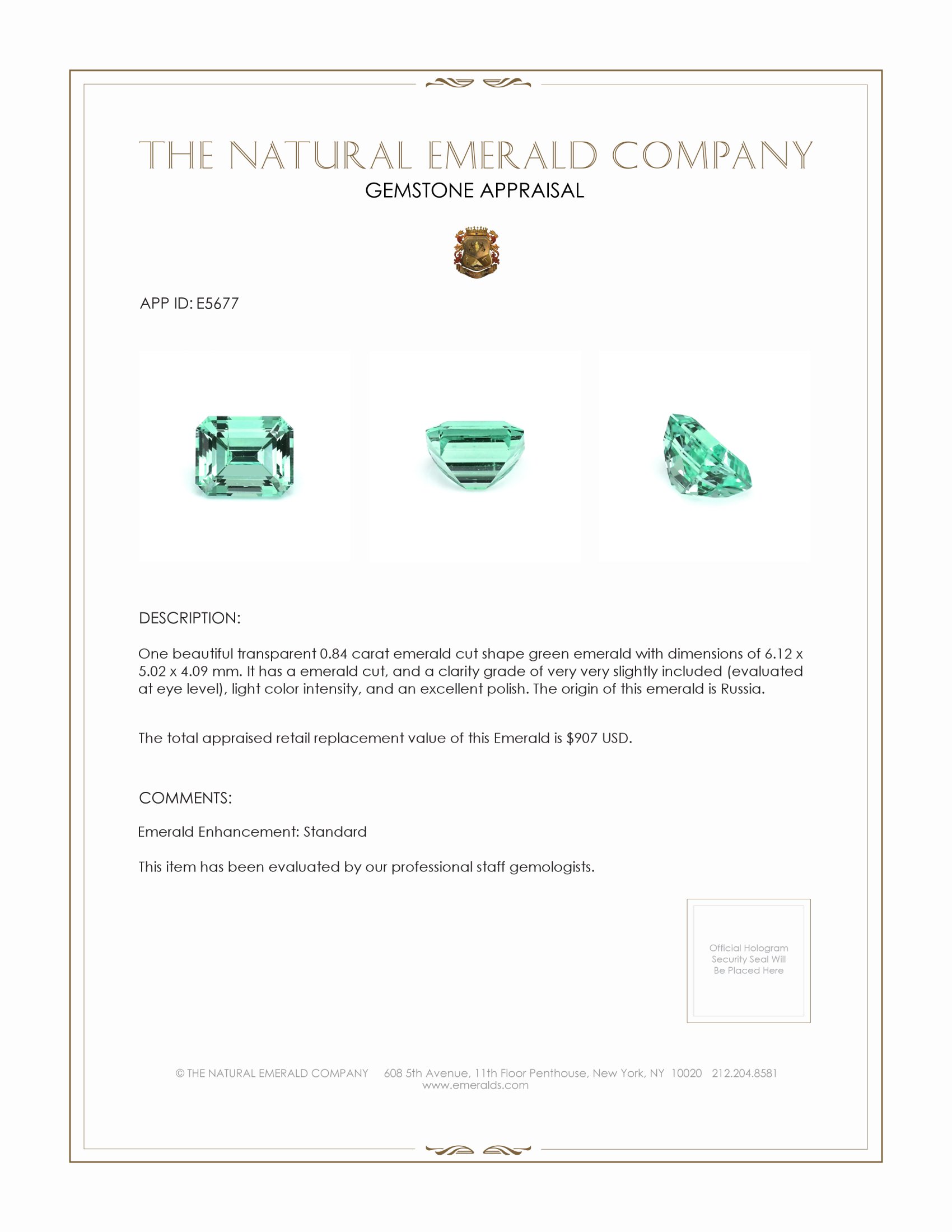 0.84 Ct. Emerald from Russia