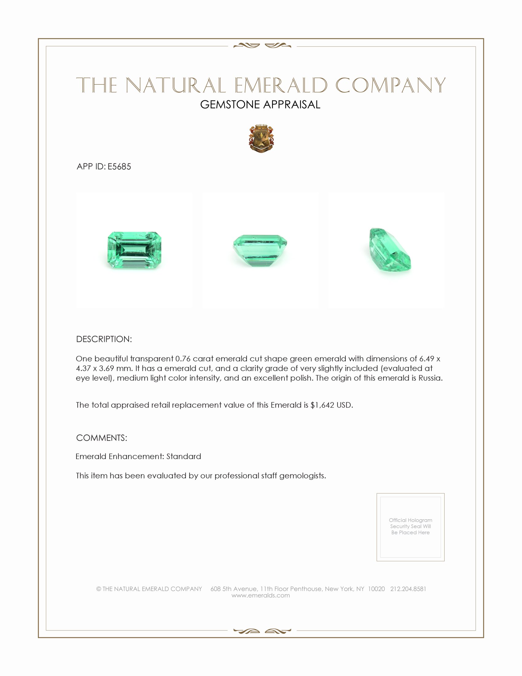 0.76 Ct. Emerald from Russia